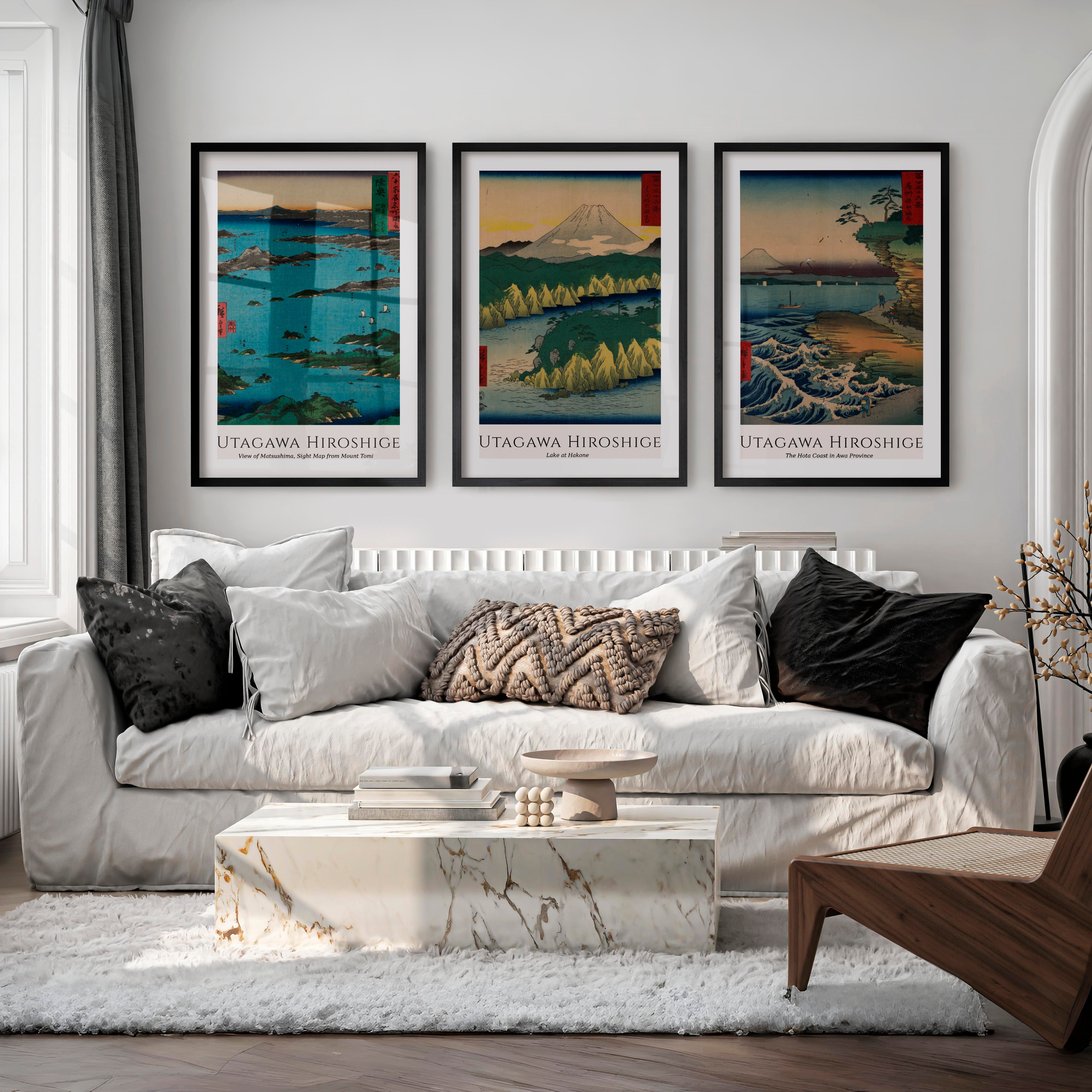 Hiroshige Coastal Views Art Prints Japanese Set - Black Framed Poster with White Border - Artworksets