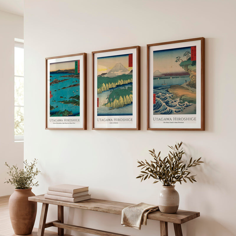 Hiroshige Coastal Views Art Prints Japanese Set - Dark Brown Framed Poster with White Border - Artworksets