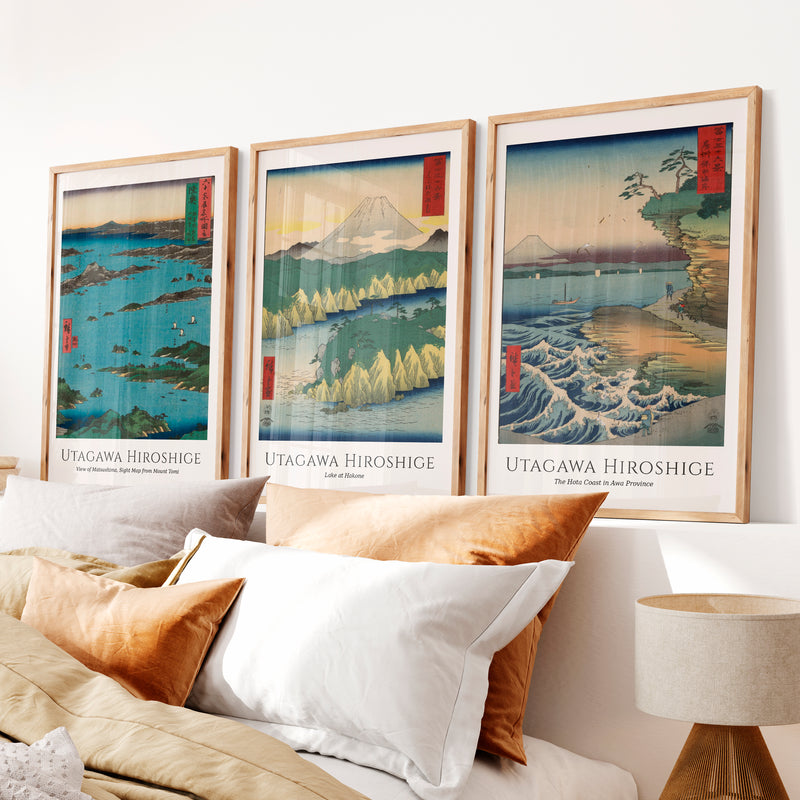 Hiroshige Coastal Views Art Prints Japanese Set - Natural Wood Framed Poster No Border - Artworksets