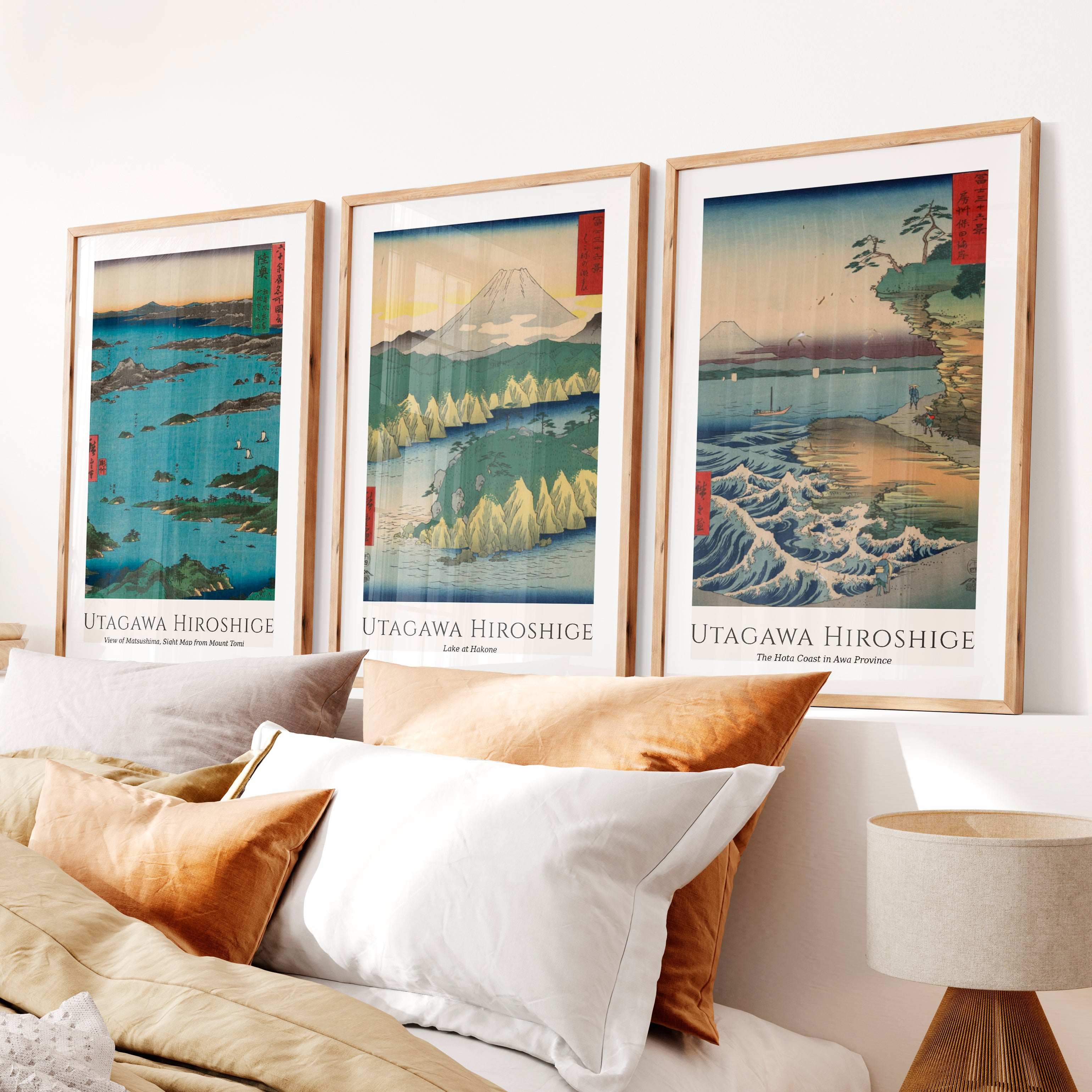 Hiroshige Coastal Views Art Prints Japanese Set- Natural Wood Framed Poster with White Border - Artworksets