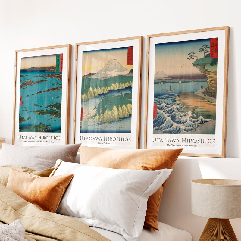 Hiroshige Coastal Views Art Prints Japanese Set- Natural Wood Framed Poster with White Border - Artworksets