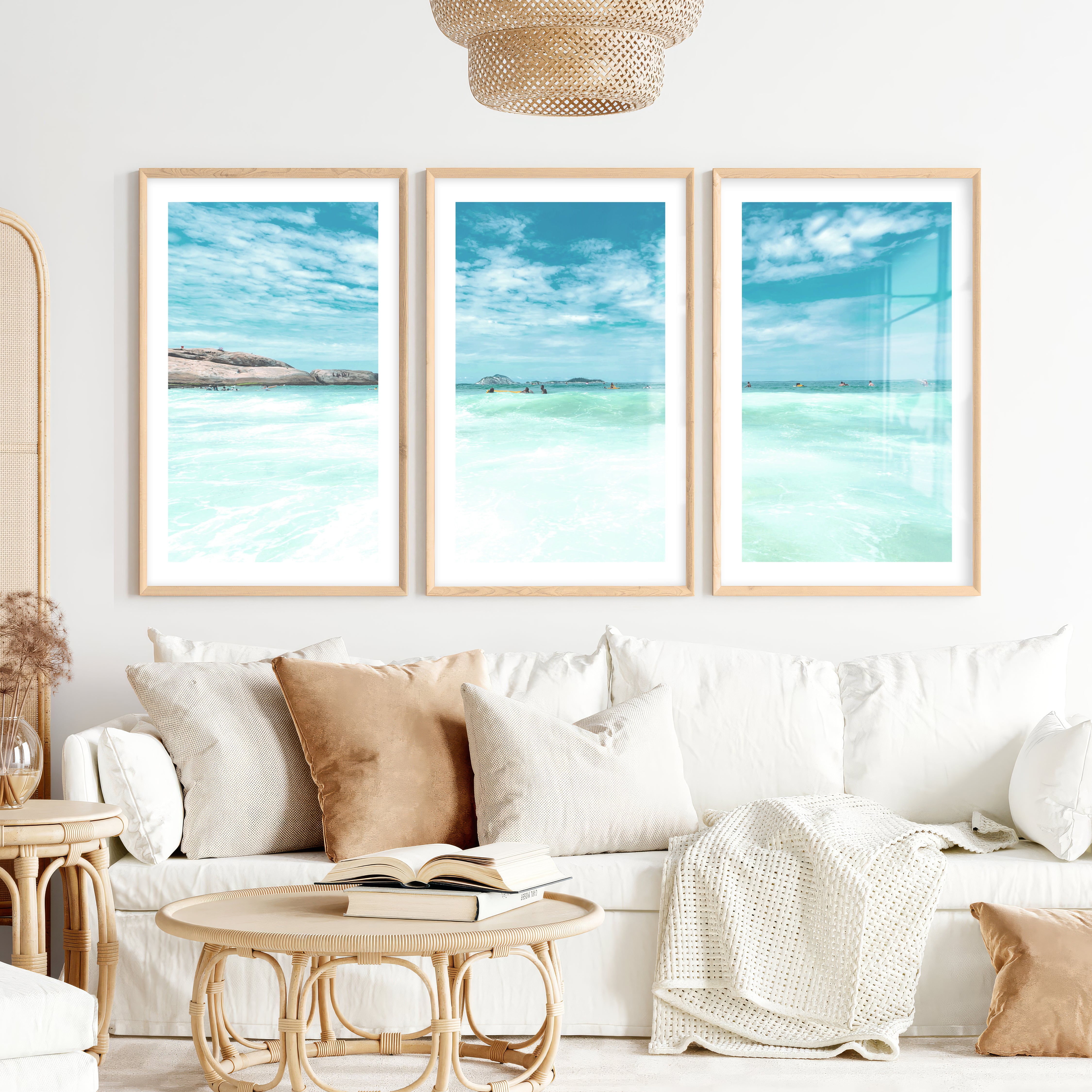 Bright Surf art prints ocean Horizon- Natural Wood Framed Poster with White Border - Artworksets