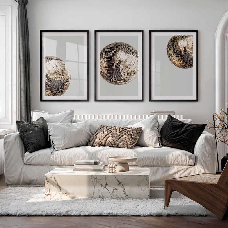 Silver Disco Ball art vintage posters - Black Framed Poster with White Border - Artworksets