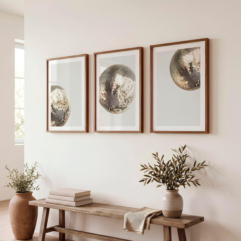 Silver Disco Ball art vintage posters - Dark Brown Framed Poster with White Border - Artworksets