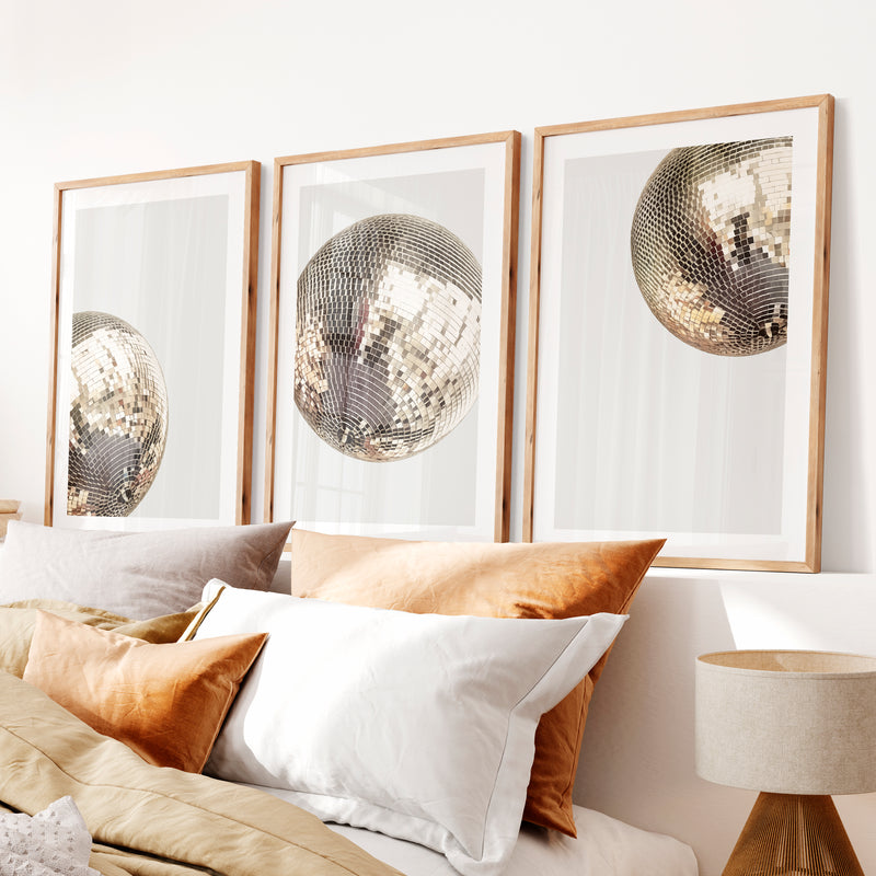 Silver Disco Ball art vintage posters- Natural Wood Framed Poster with White Border - Artworksets