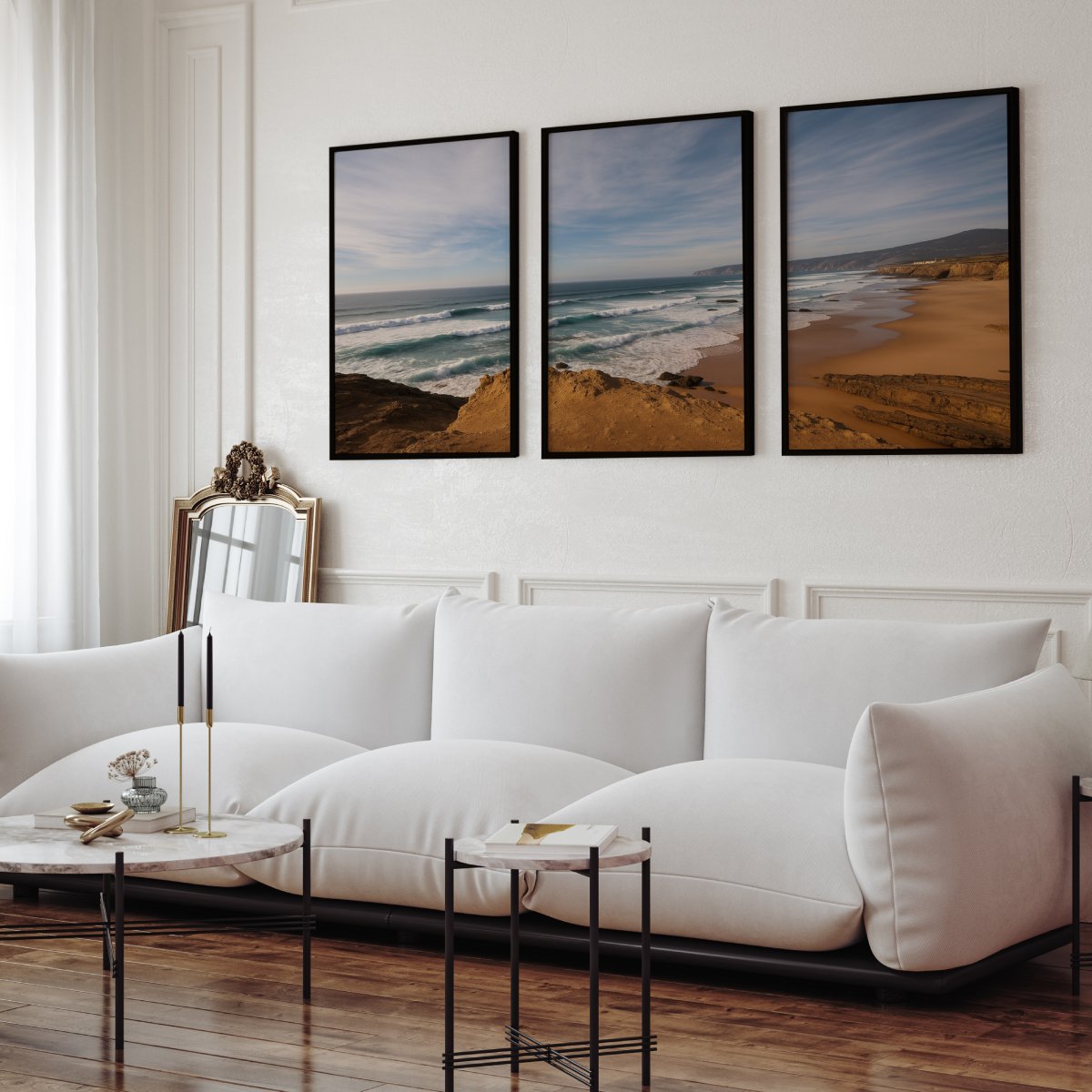 Atlantic Serenity – 3-Panel Rocky Beach & Ocean Wall Art Set

 - Black Framed Poster No Border - Artworksets