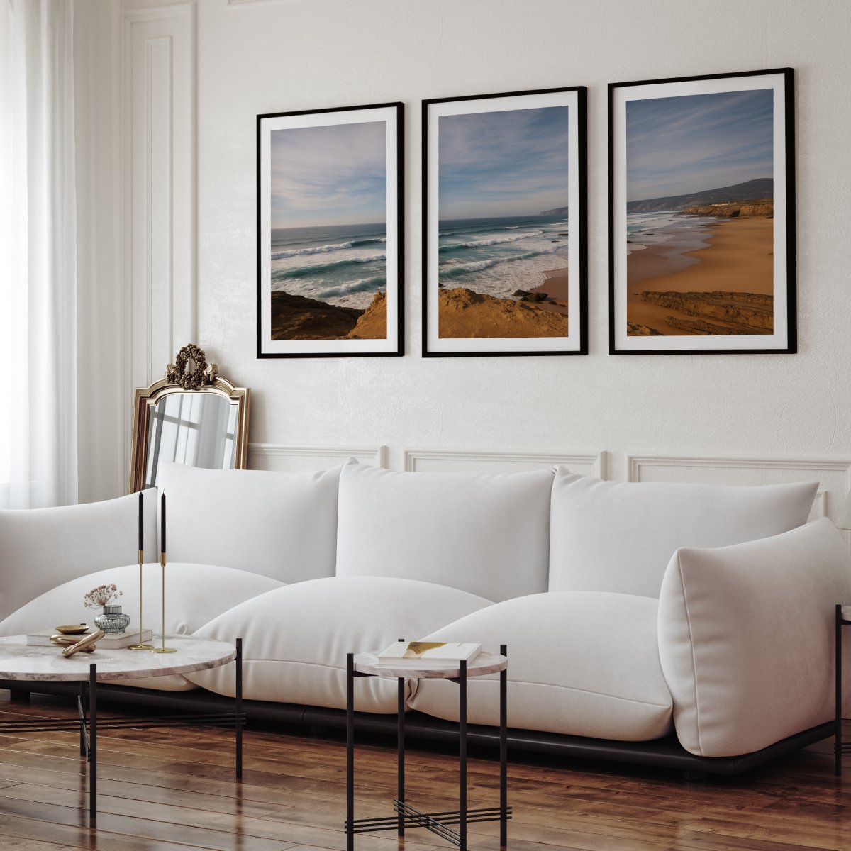 Atlantic Serenity – 3-Panel Rocky Beach & Ocean Wall Art Set

 - Black Framed Poster with White Border - Artworksets