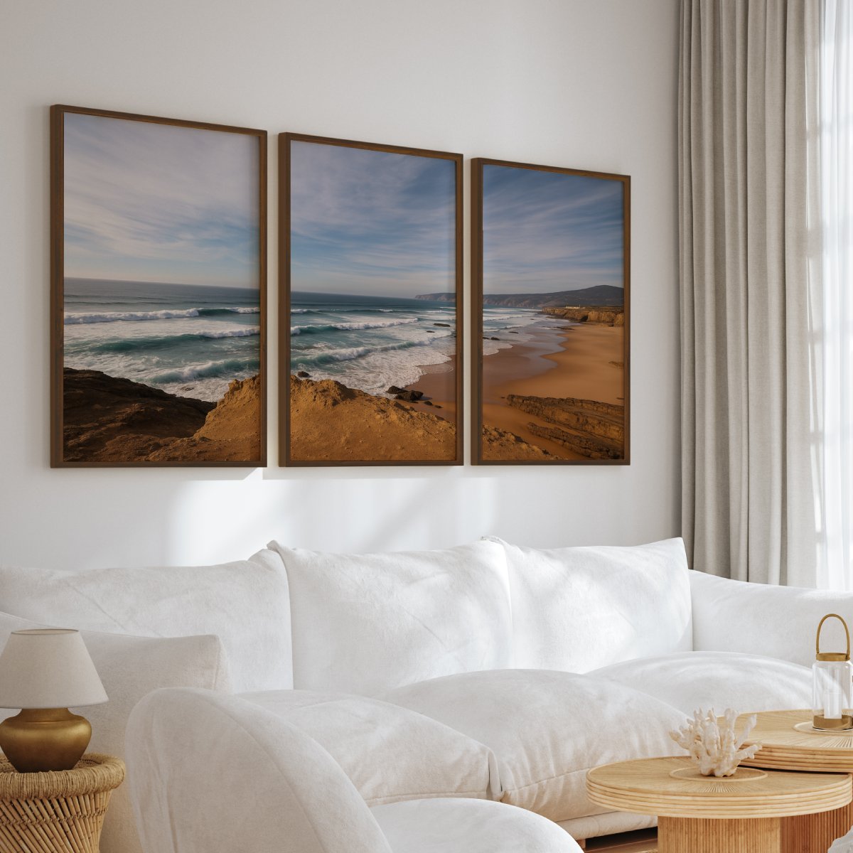 Atlantic Serenity – 3-Panel Rocky Beach & Ocean Wall Art Set

 - Dark Brown Framed Poster No Border - Artworksets