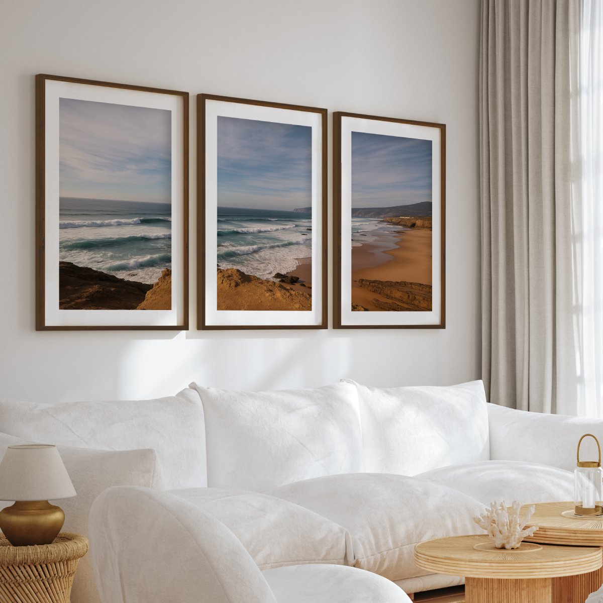 Atlantic Serenity – 3-Panel Rocky Beach & Ocean Wall Art Set

 - Dark Brown Framed Poster with White Border - Artworksets