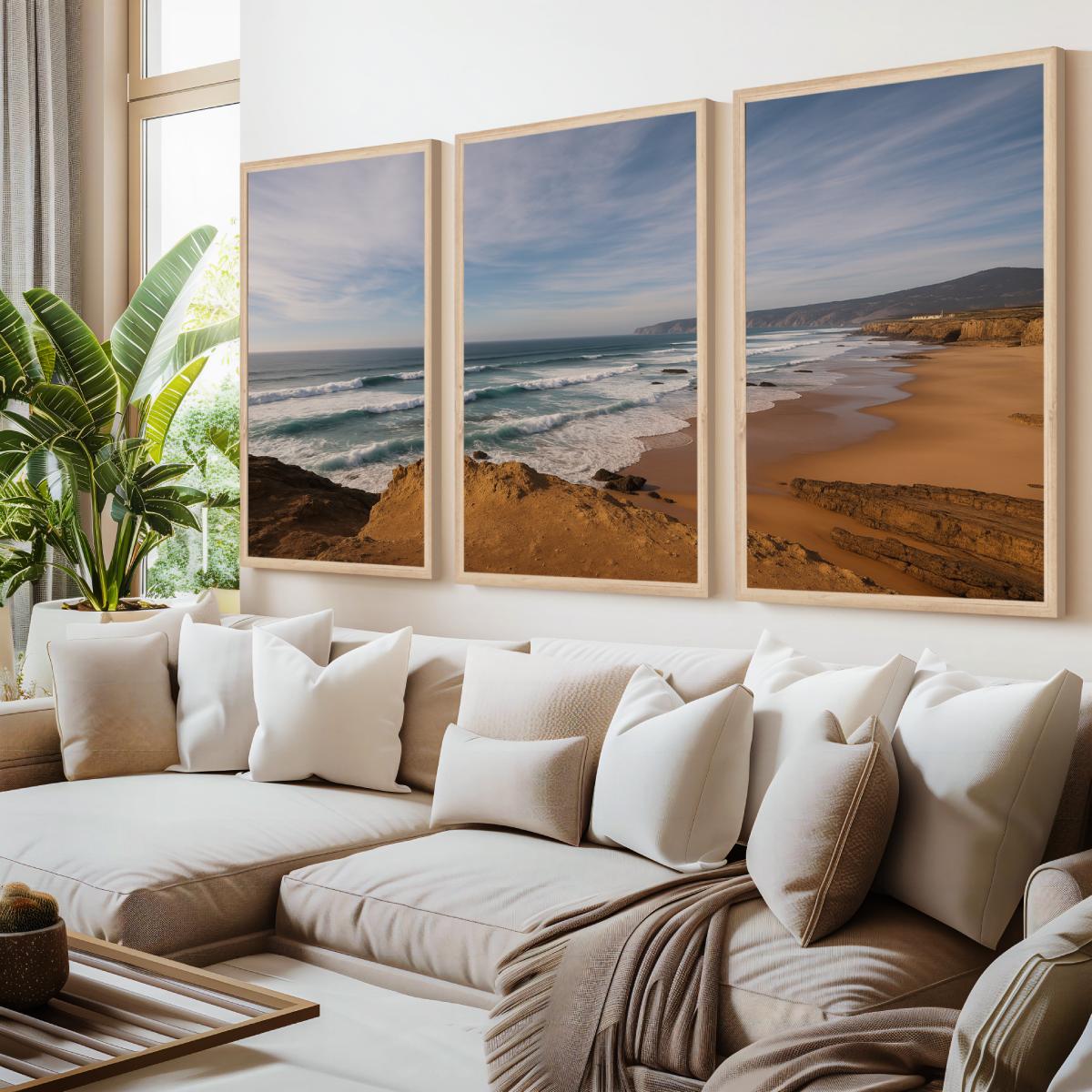 Atlantic Serenity – 3-Panel Rocky Beach & Ocean Wall Art Set

 - Natural Wood Framed Poster No Border - Artworksets