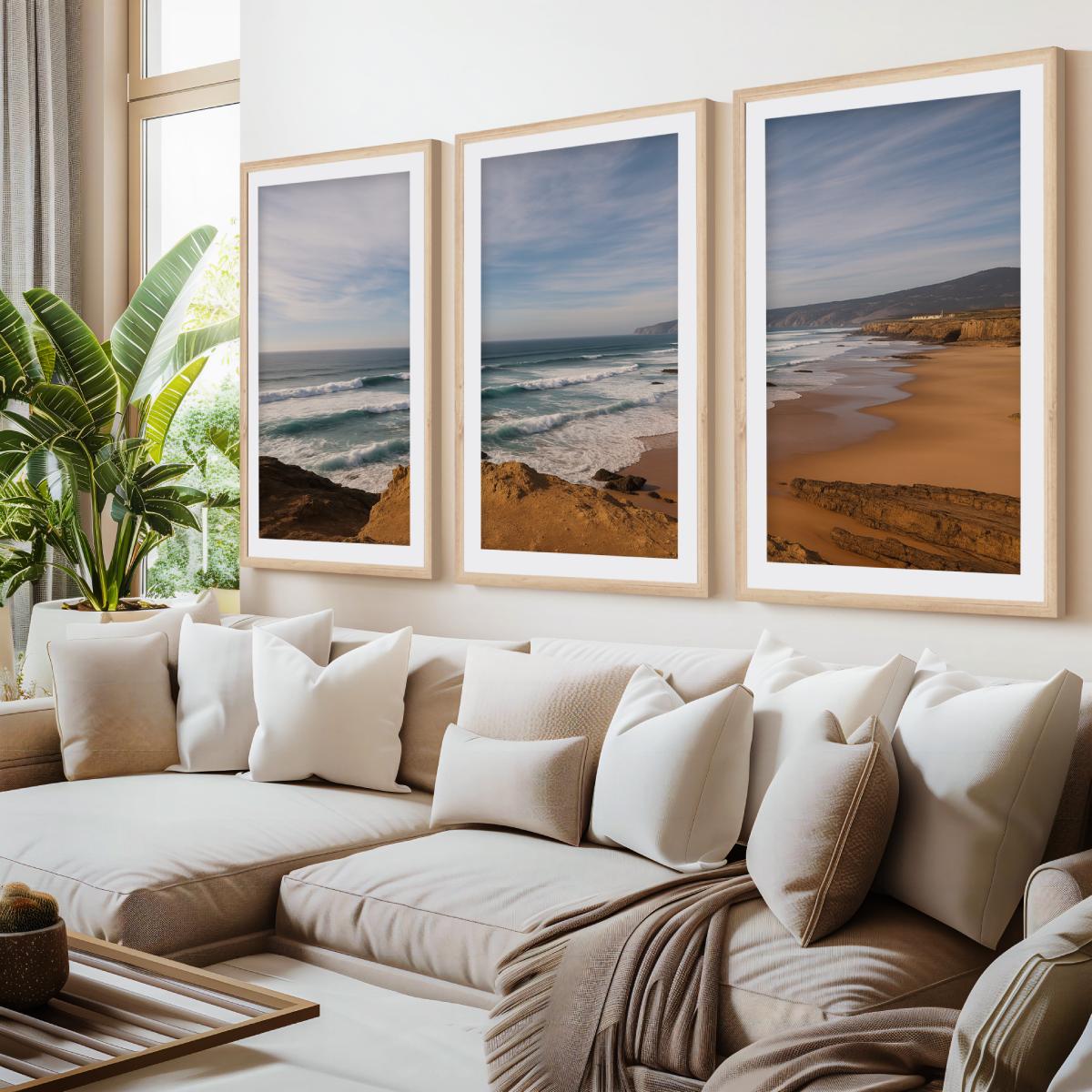 Atlantic Serenity – 3-Panel Rocky Beach & Ocean Wall Art Set

- Natural Wood Framed Poster with White Border - Artworksets