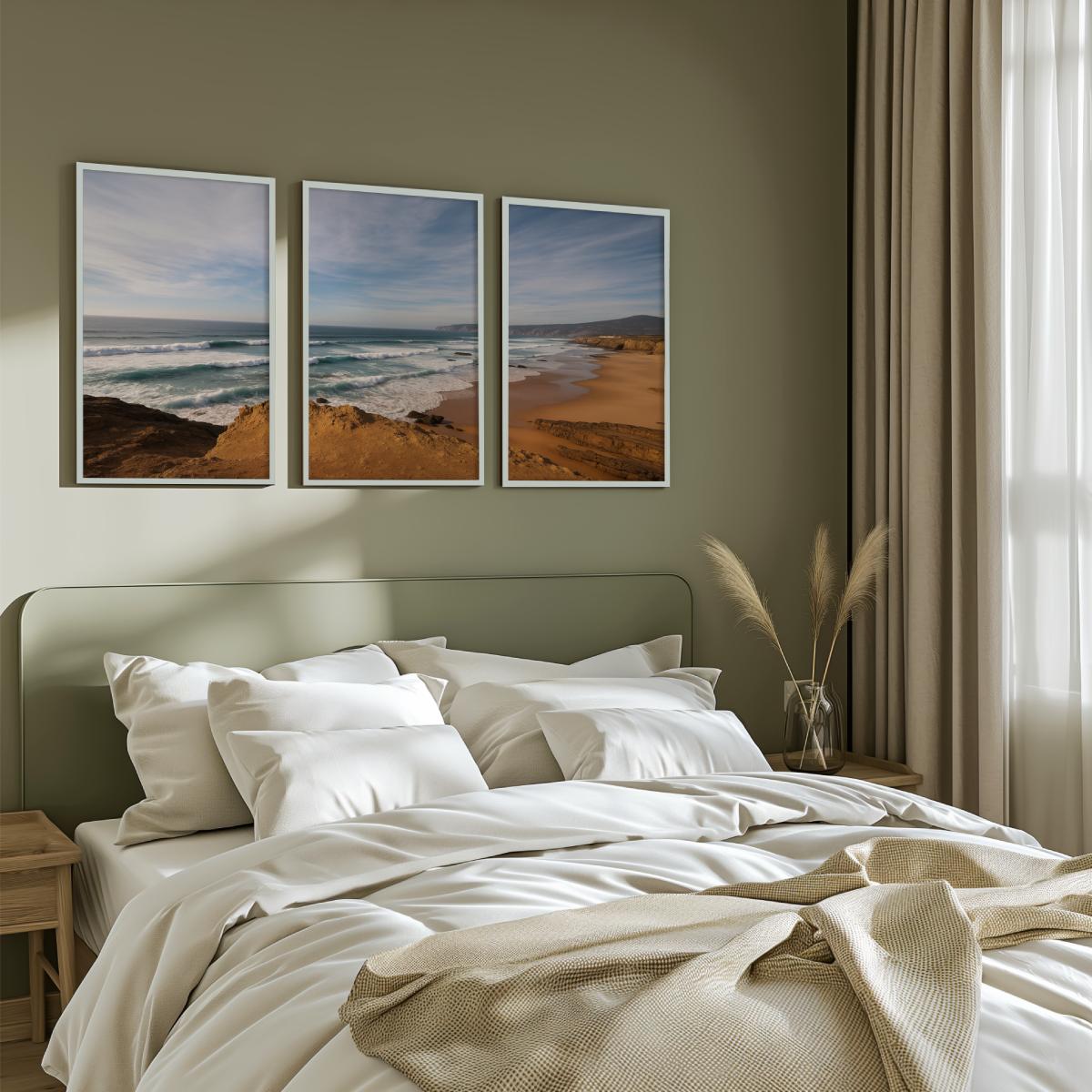 Atlantic Serenity – 3-Panel Rocky Beach & Ocean Wall Art Set

 - White Framed Poster No Border - Artworksets