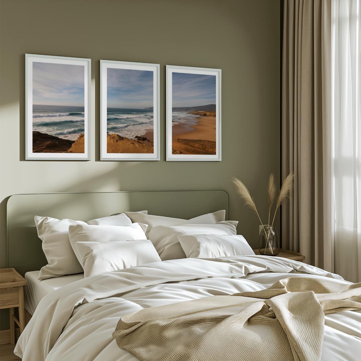 Atlantic Serenity – 3-Panel Rocky Beach & Ocean Wall Art Set

 - White Framed Poster with White Border - Artworksets