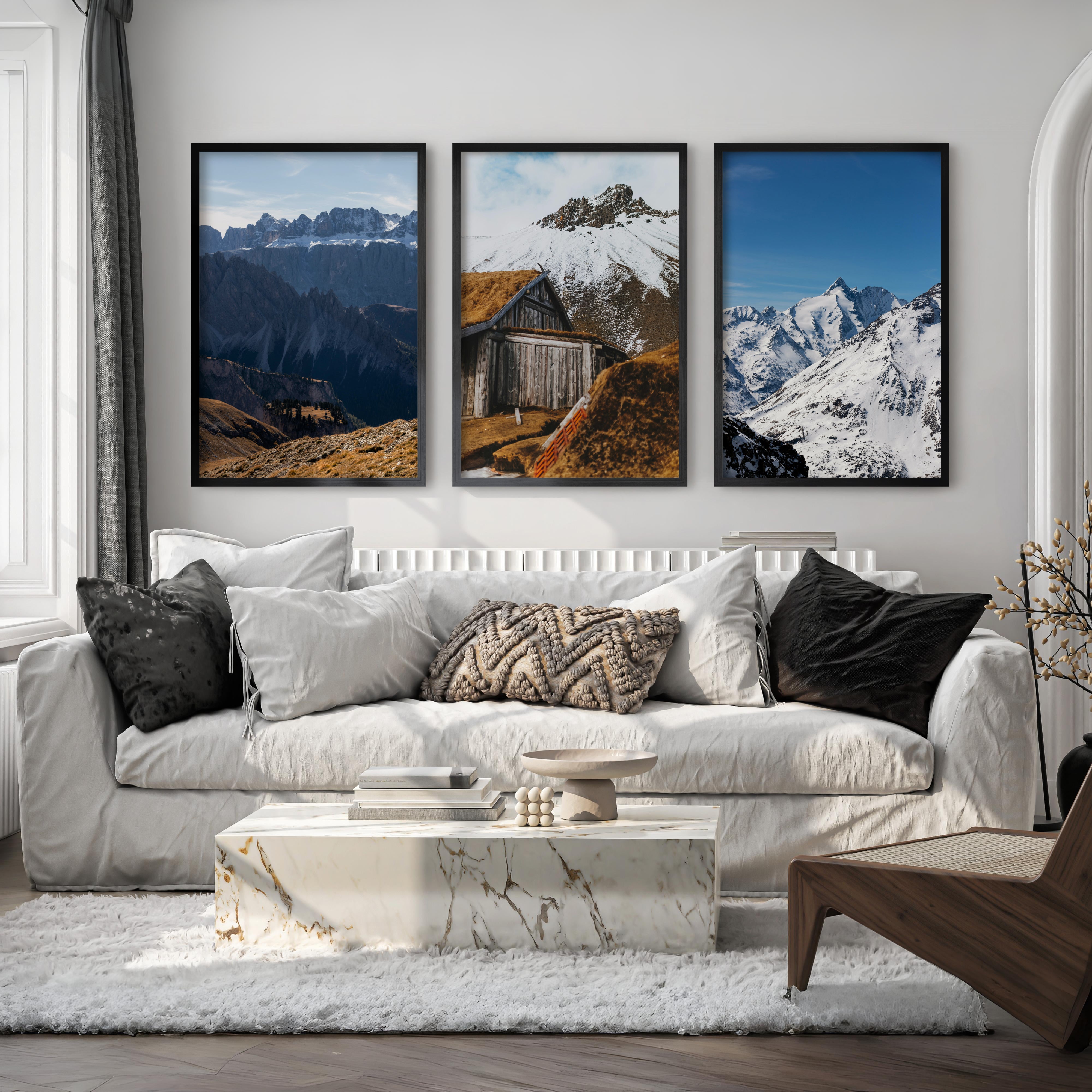 3 Piece Autumn Mountain, Forest, Lake Wall Art – Nordic Photo Set - Black Framed Poster No Border - Artworksets