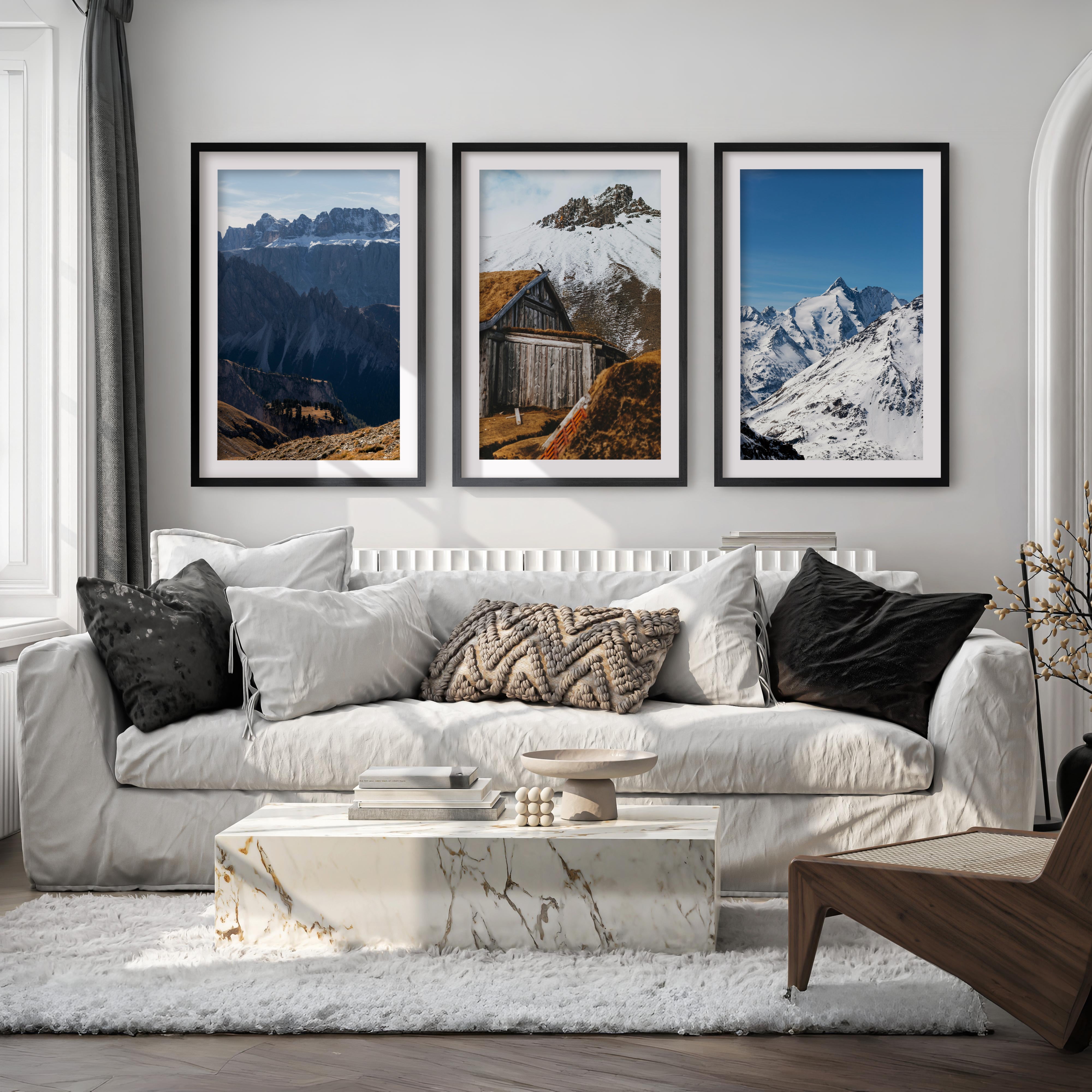 3 Piece Autumn Mountain, Forest, Lake Wall Art – Nordic Photo Set - Black Framed Poster with White Border - Artworksets