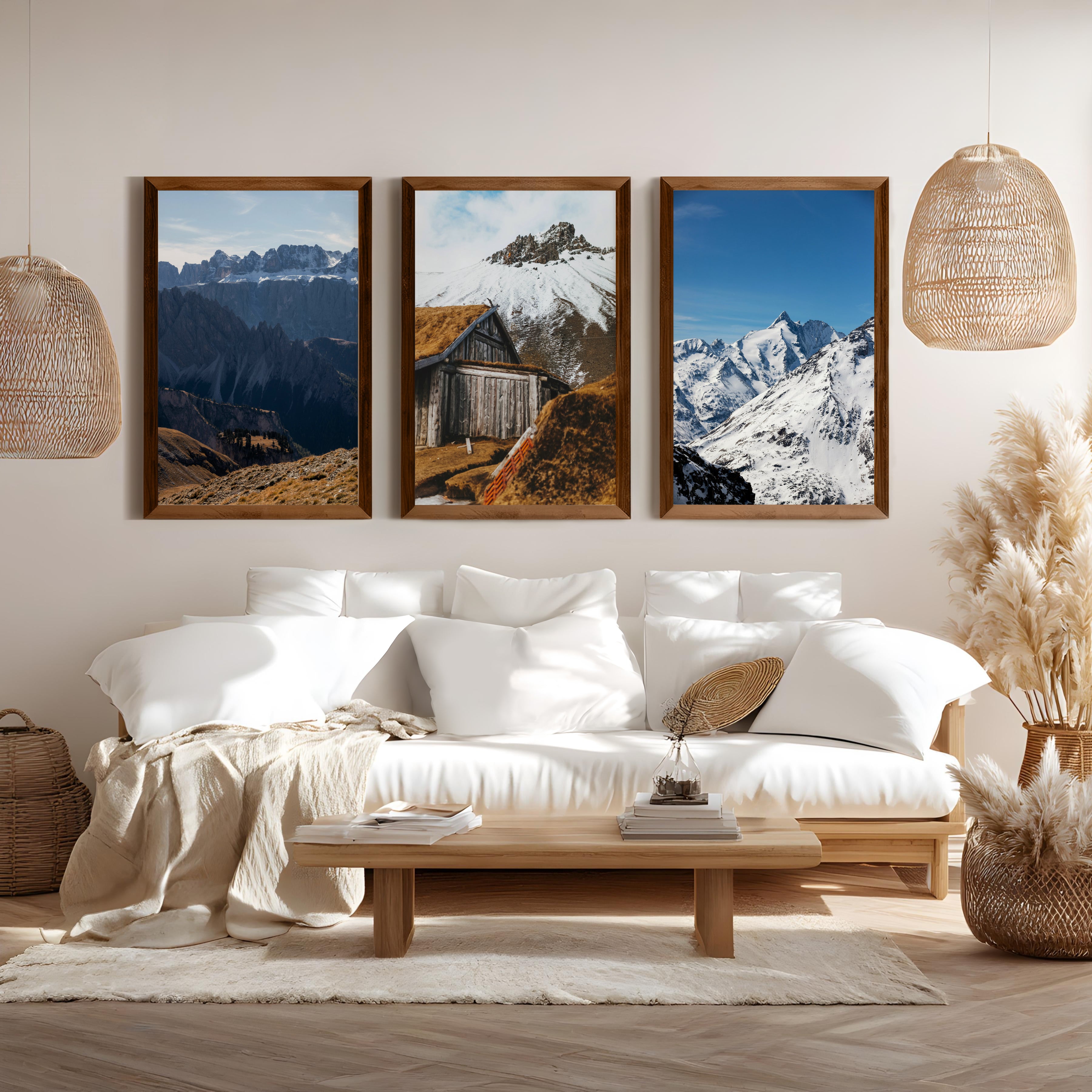 3 Piece Autumn Mountain, Forest, Lake Wall Art – Nordic Photo Set - Dark Brown Framed Poster No Border - Artworksets