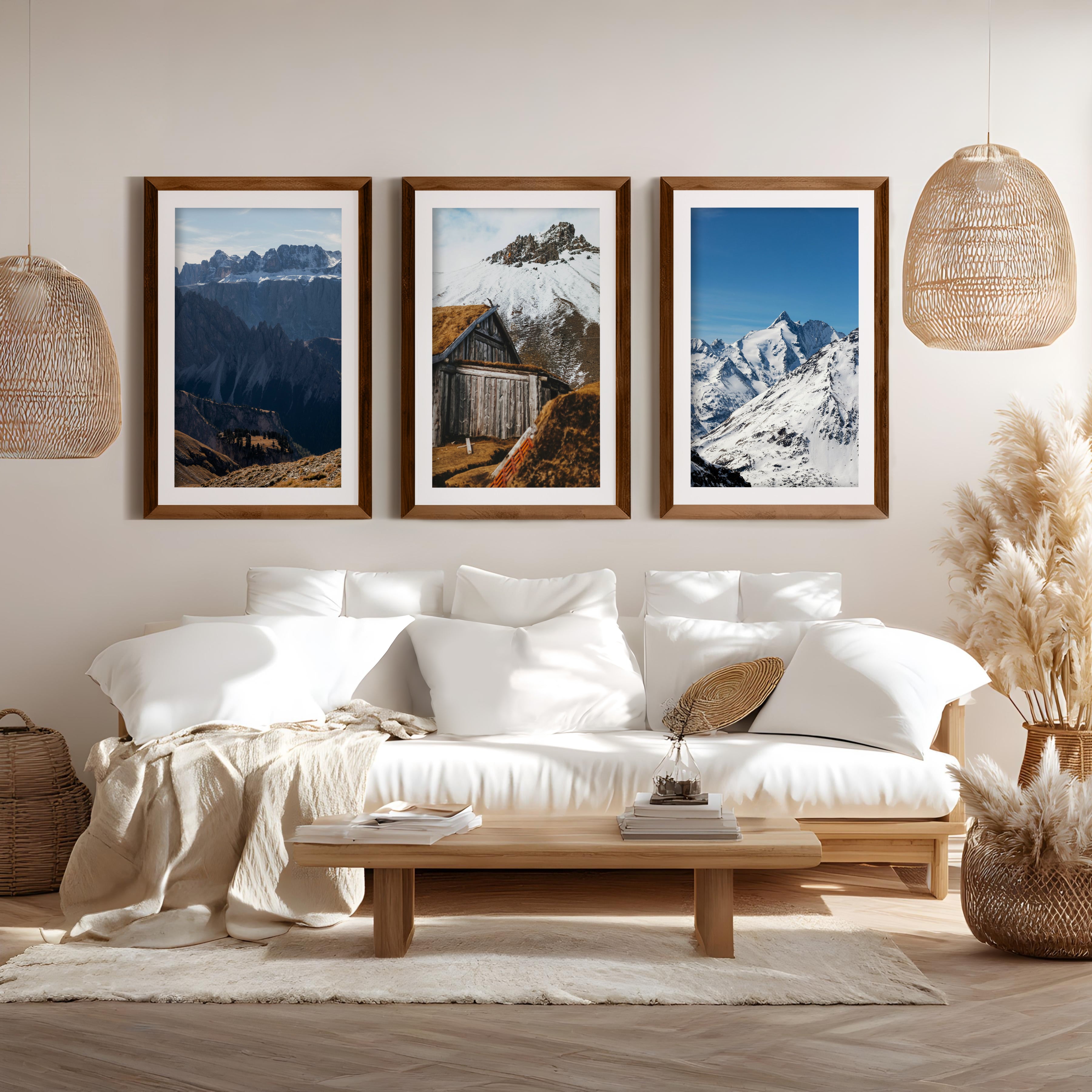 3 Piece Autumn Mountain, Forest, Lake Wall Art – Nordic Photo Set - Dark Brown Framed Poster with White Border - Artworksets