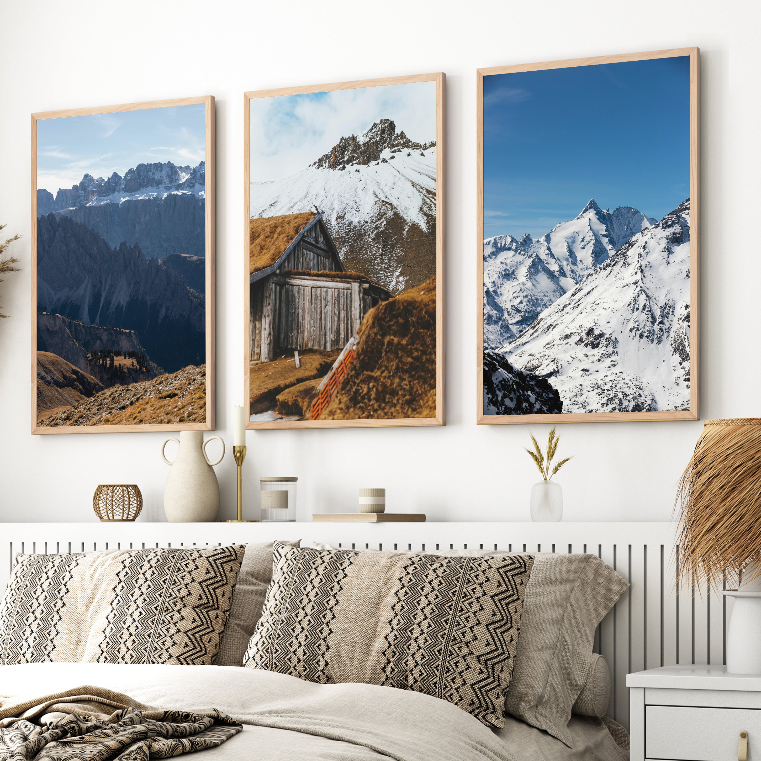 3 Piece Autumn Mountain, Forest, Lake Wall Art – Nordic Photo Set - Natural Wood Framed Poster No Border - Artworksets