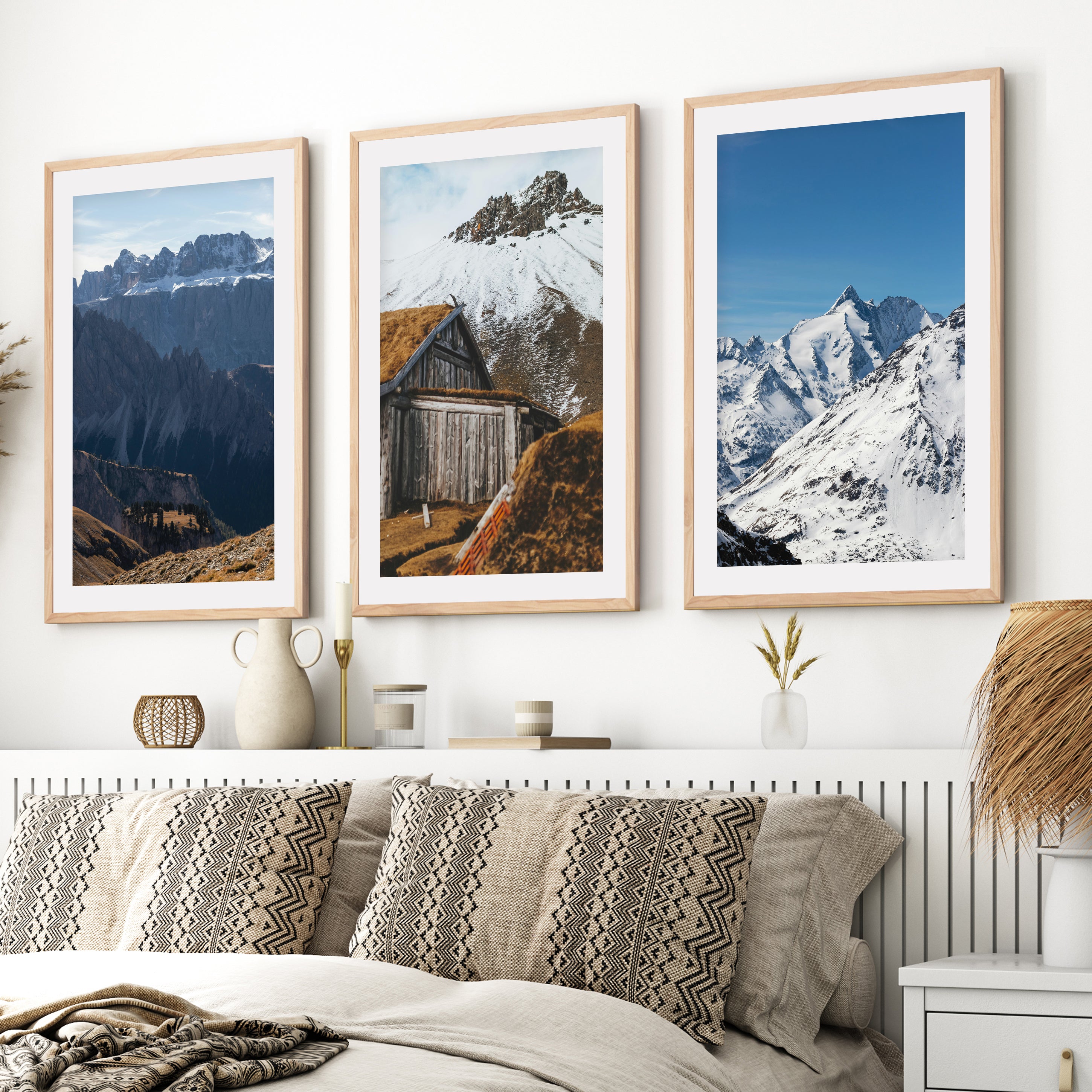 3 Piece Autumn Mountain, Forest, Lake Wall Art – Nordic Photo Set- Natural Wood Framed Poster with White Border - Artworksets