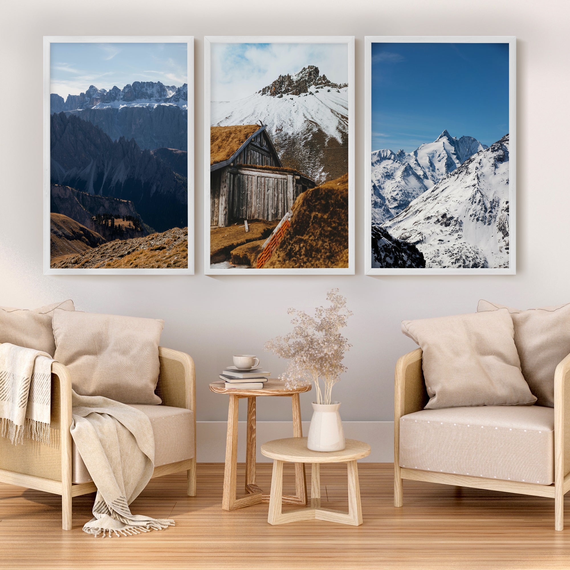 3 Piece Autumn Mountain, Forest, Lake Wall Art – Nordic Photo Set - White Framed Poster No Border - Artworksets