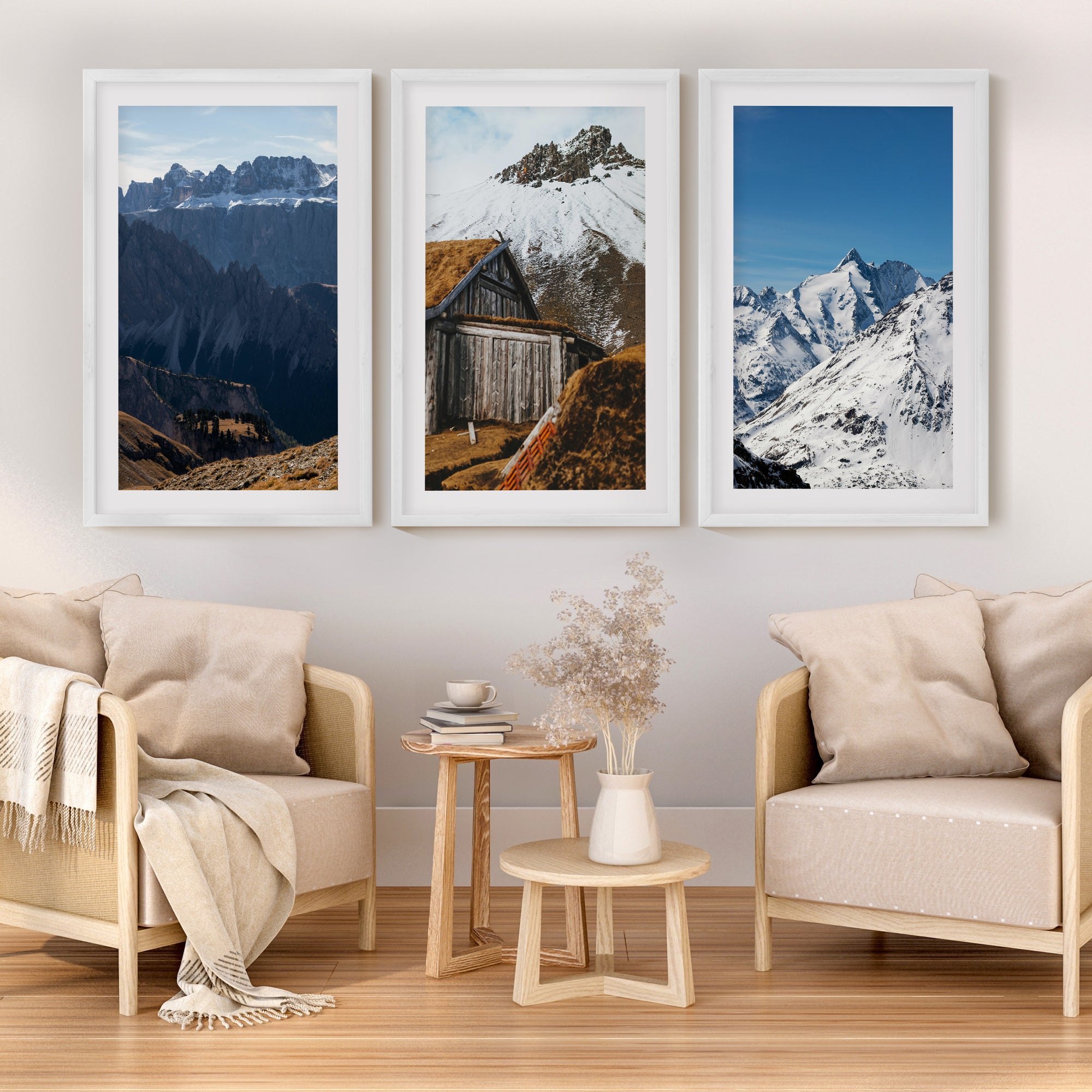 3 Piece Autumn Mountain, Forest, Lake Wall Art – Nordic Photo Set - White Framed Poster with White Border - Artworksets