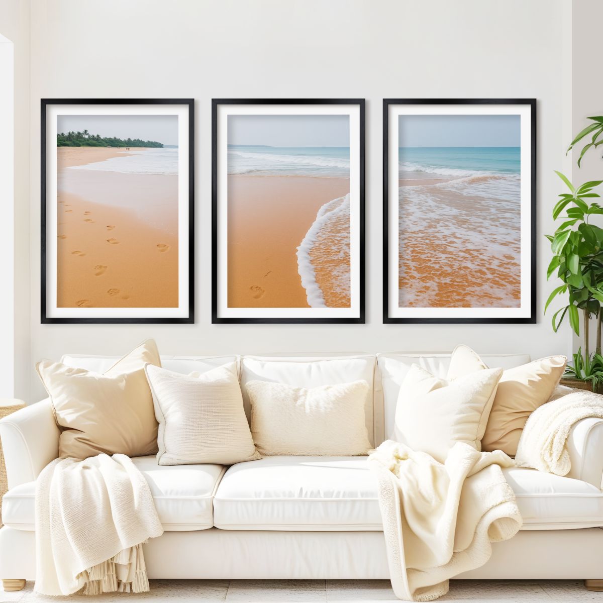 Beach and Coastal Wall Art – Ocean Sand with Footprints - Black Framed Poster with White Border - Artworksets