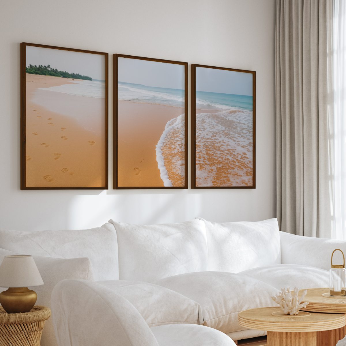 Beach and Coastal Wall Art – Ocean Sand with Footprints - Dark Brown Framed Poster No Border - Artworksets