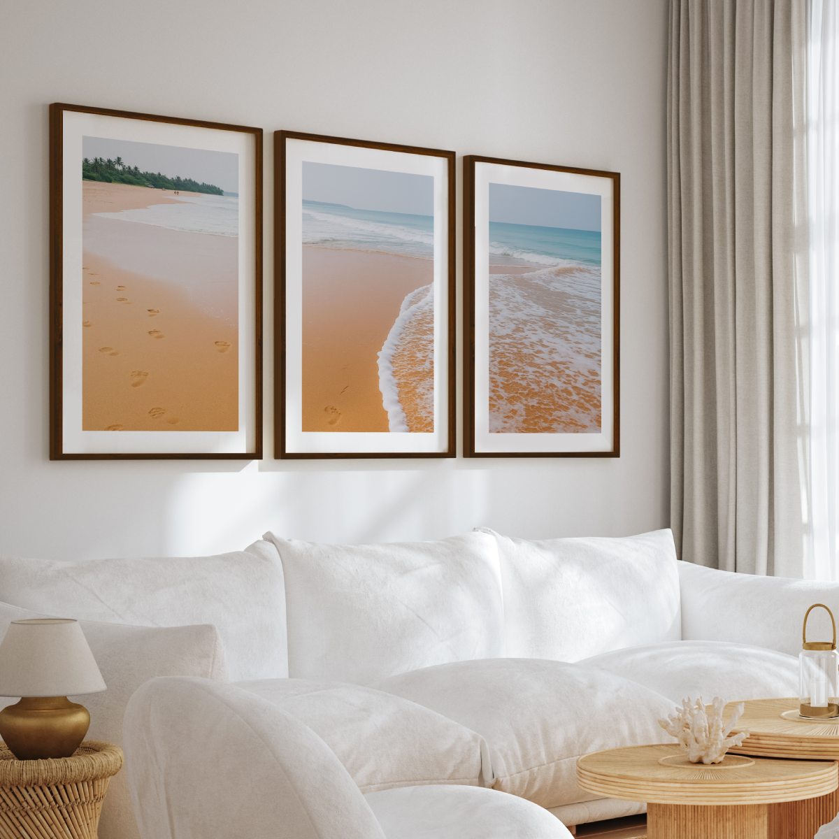 Beach and Coastal Wall Art – Ocean Sand with Footprints - Dark Brown Framed Poster with White Border - Artworksets