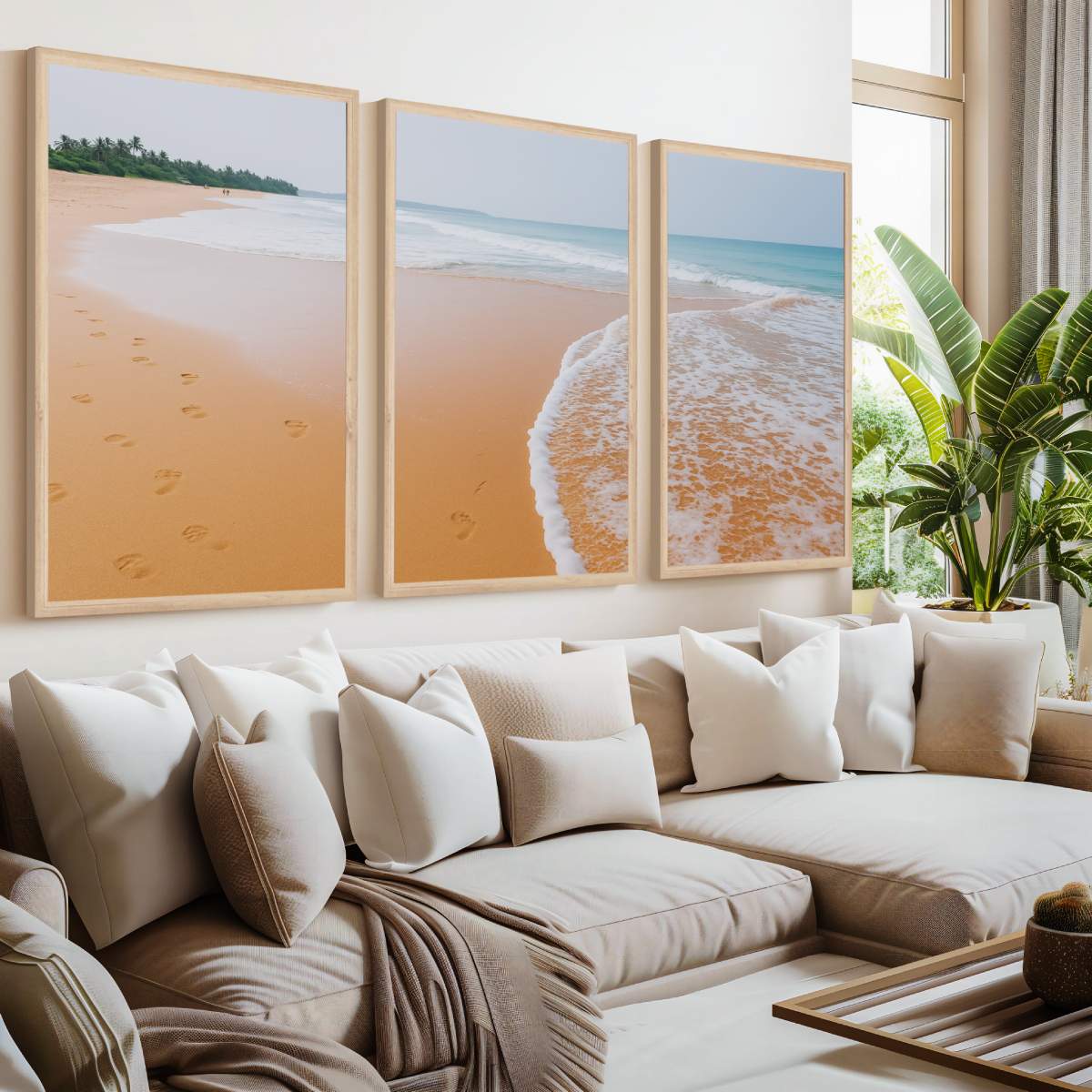 Beach and Coastal Wall Art – Ocean Sand with Footprints - Natural Wood Framed Poster No Border - Artworksets