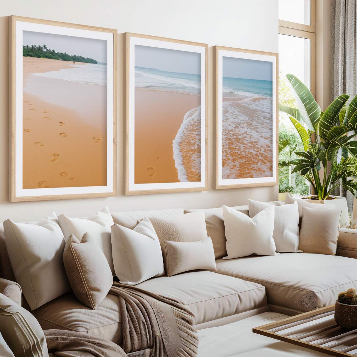 Beach and Coastal Wall Art – Ocean Sand with Footprints- Natural Wood Framed Poster with White Border - Artworksets