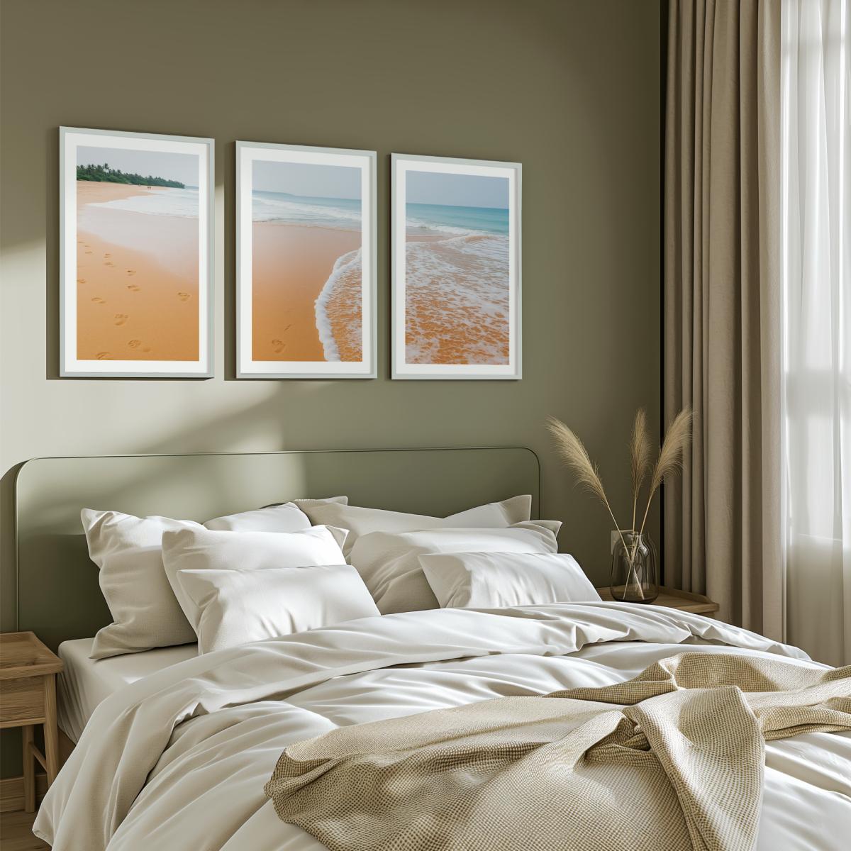 Beach and Coastal Wall Art – Ocean Sand with Footprints - White Framed Poster with White Border - Artworksets