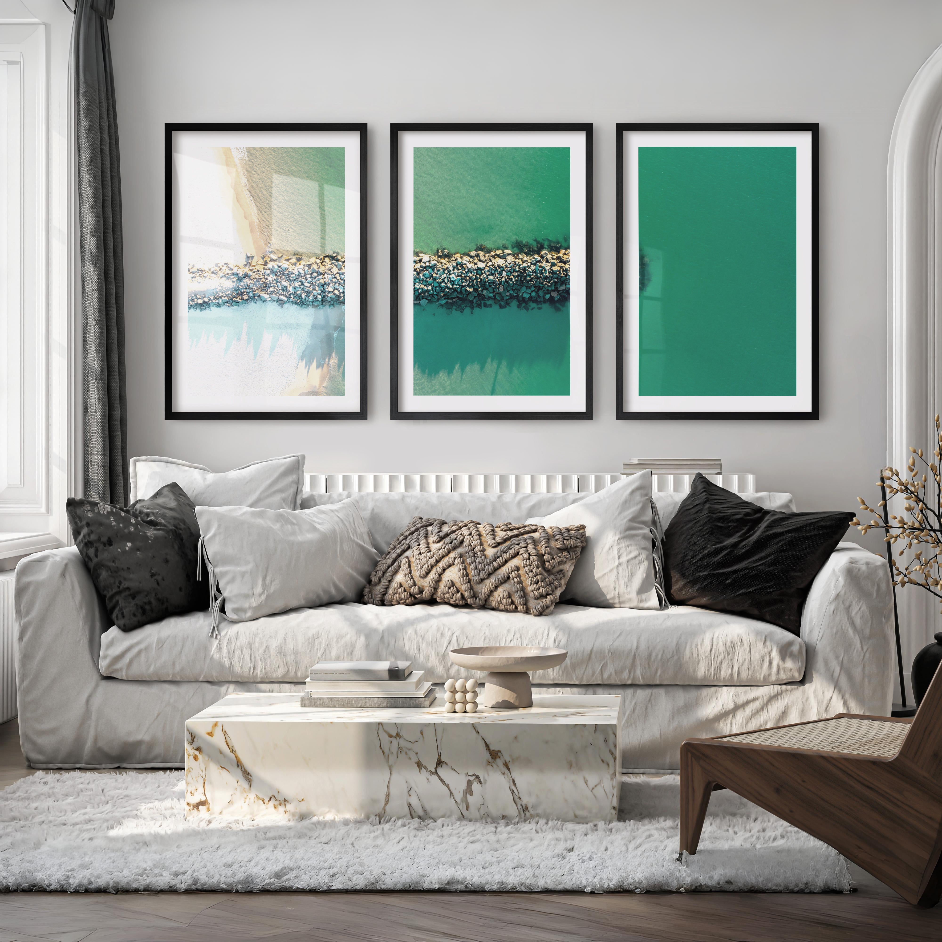 Rock Jetty Beach Art Decor - Black Framed Poster with White Border - Artworksets