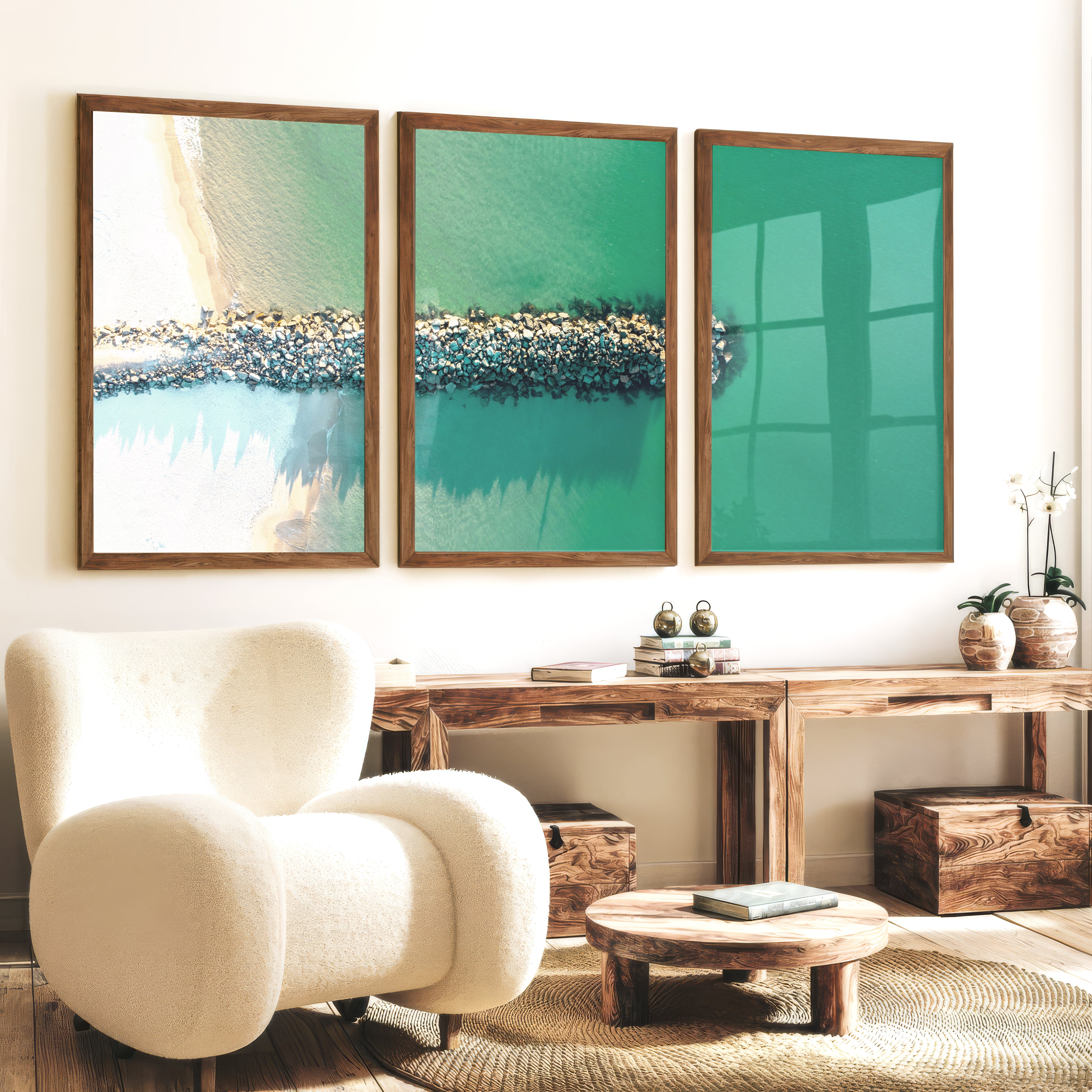 Rock Jetty Beach Art Decor - Dark Brown Framed Poster No Border - Artworksets
