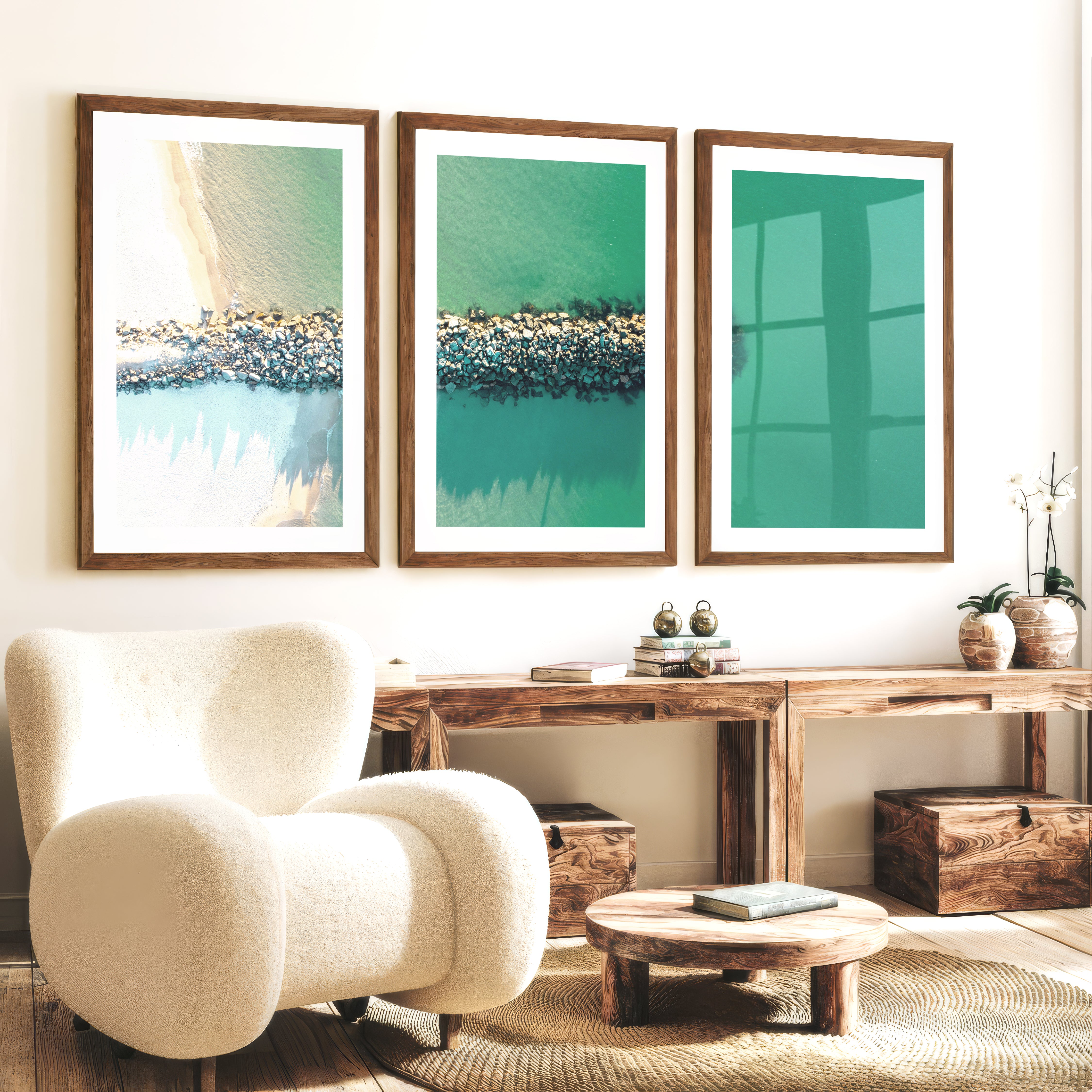 Rock Jetty Beach Art Decor - Dark Brown Framed Poster with White Border - Artworksets