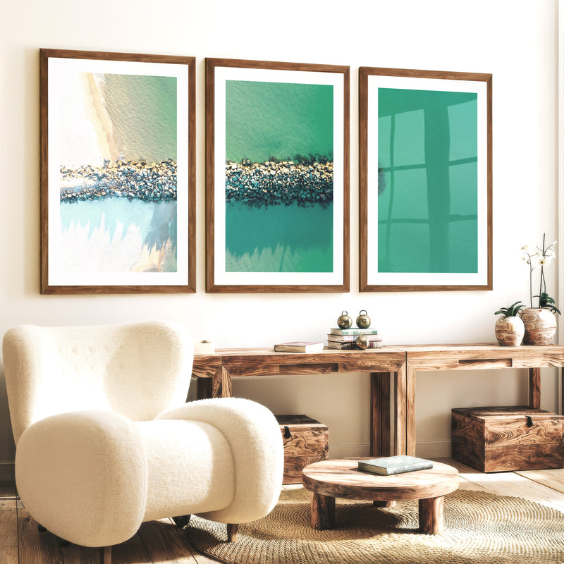 Rock Jetty Beach Art Decor - Dark Brown Framed Poster with White Border - Artworksets