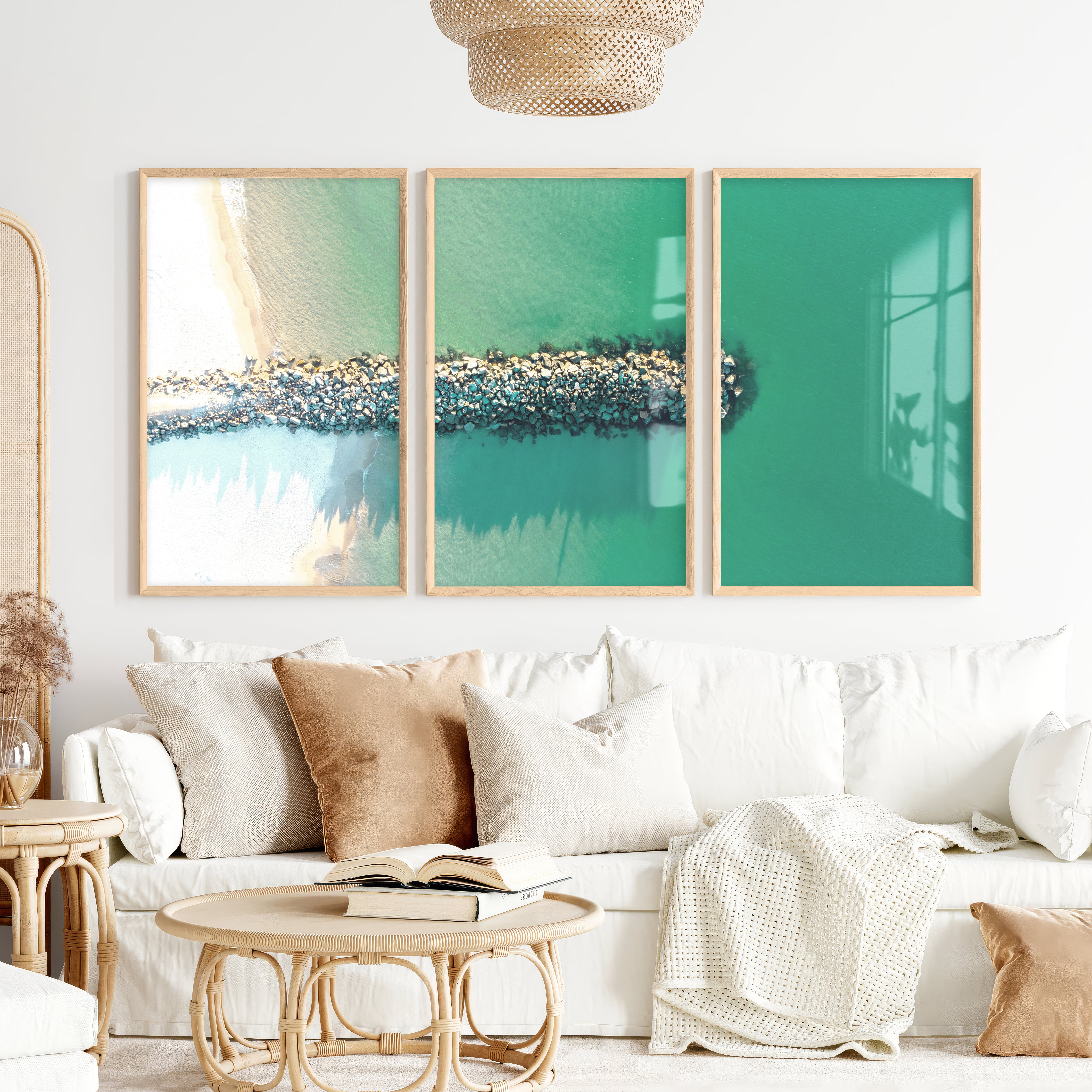 Rock Jetty Beach Art Decor - Natural Wood Framed Poster No Border - Artworksets