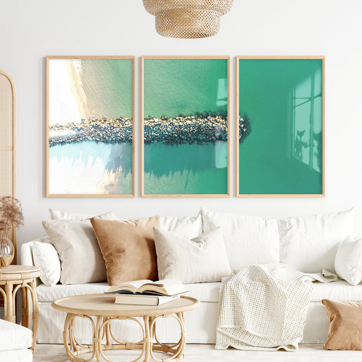 Rock Jetty Beach Art Decor - Natural Wood Framed Poster No Border - Artworksets