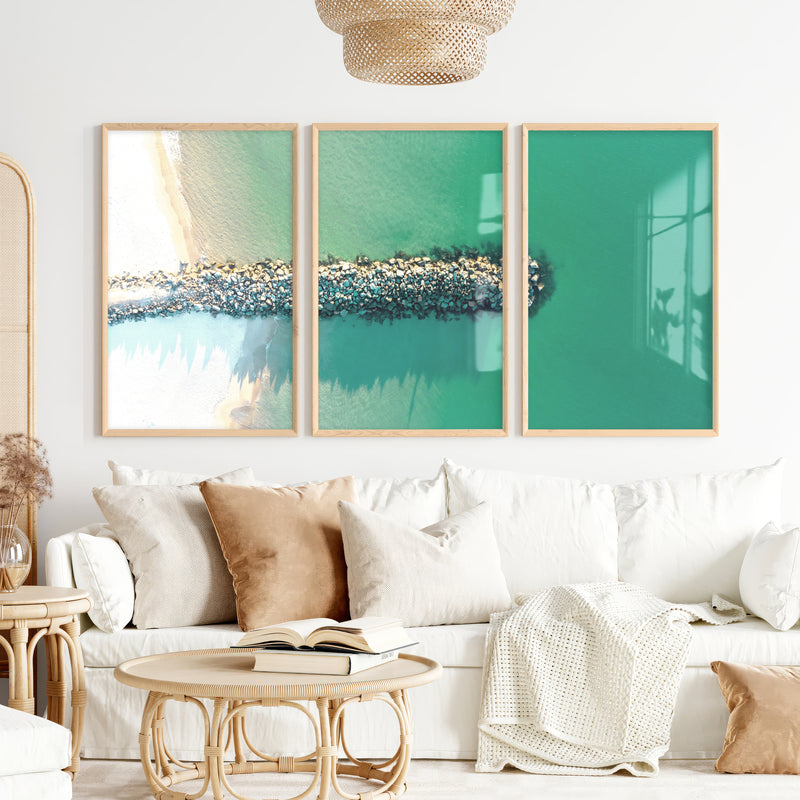 Rock Jetty Beach Art Decor - Natural Wood Framed Poster No Border - Artworksets