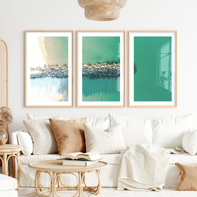 Rock Jetty Beach Art Decor- Natural Wood Framed Poster with White Border - Artworksets