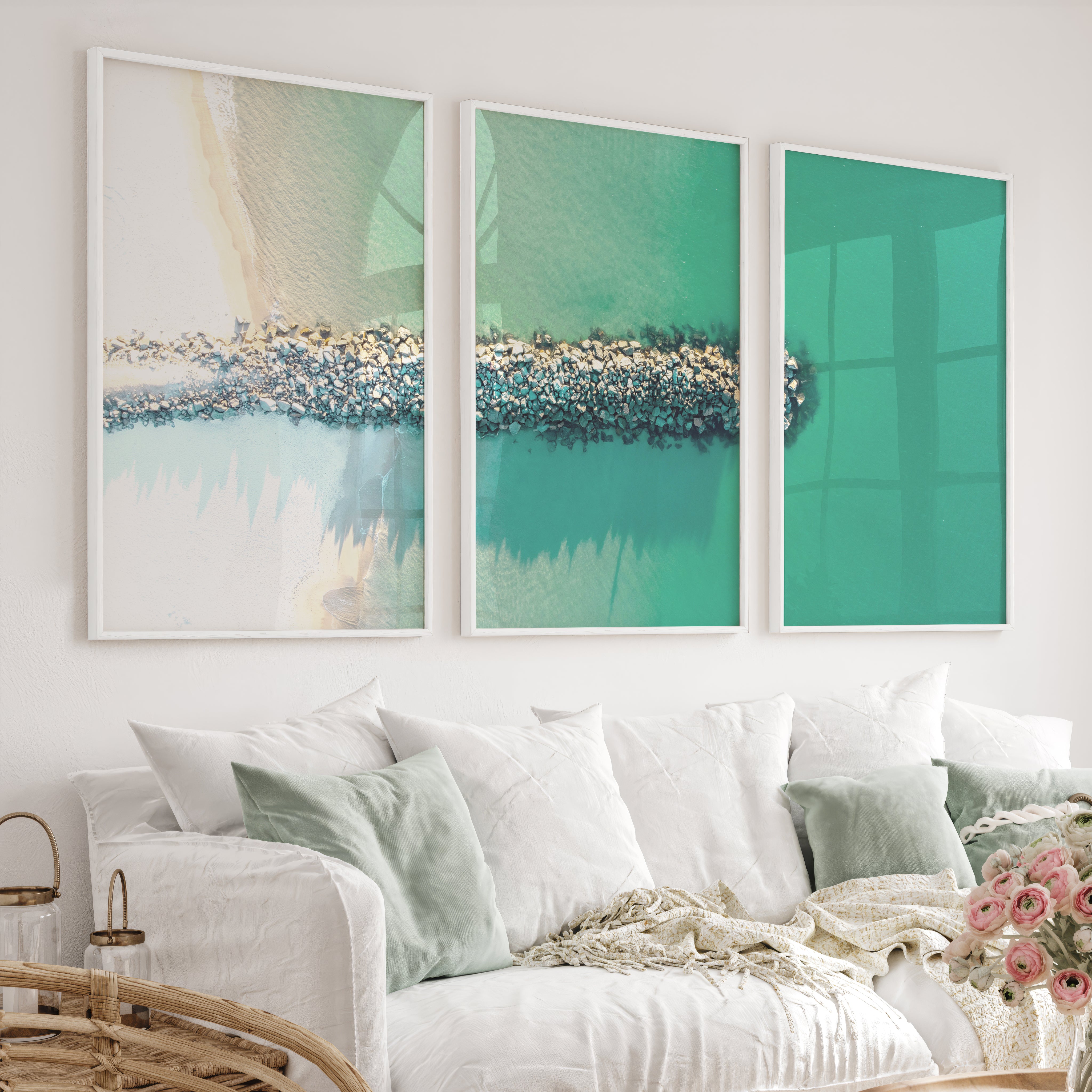 Rock Jetty Beach Art Decor - White Framed Poster No Border - Artworksets