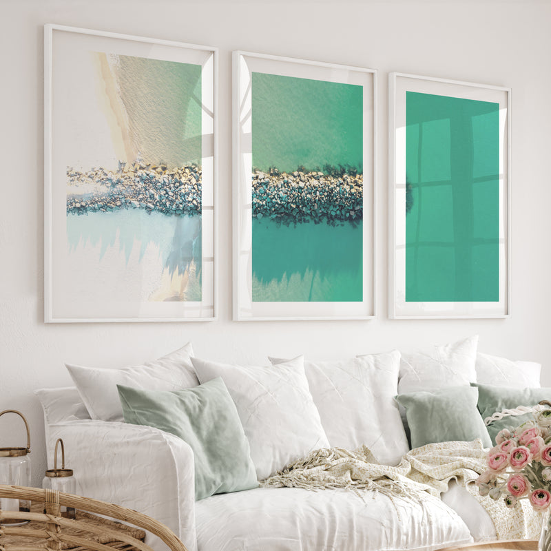 Rock Jetty Beach Art Decor - White Framed Poster with White Border - Artworksets