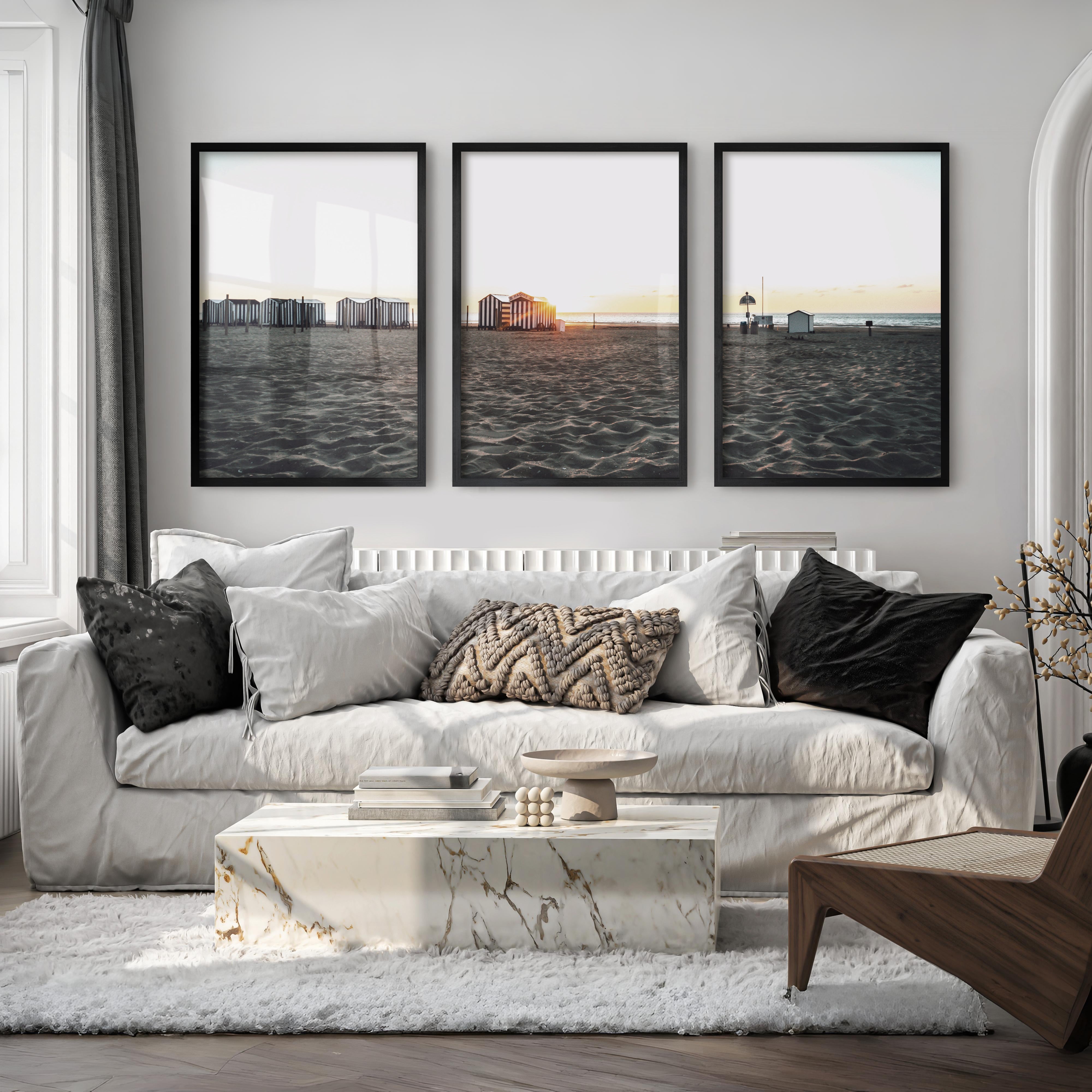 Sunset Cabanas beach art print - Black Framed Poster No Border - Artworksets