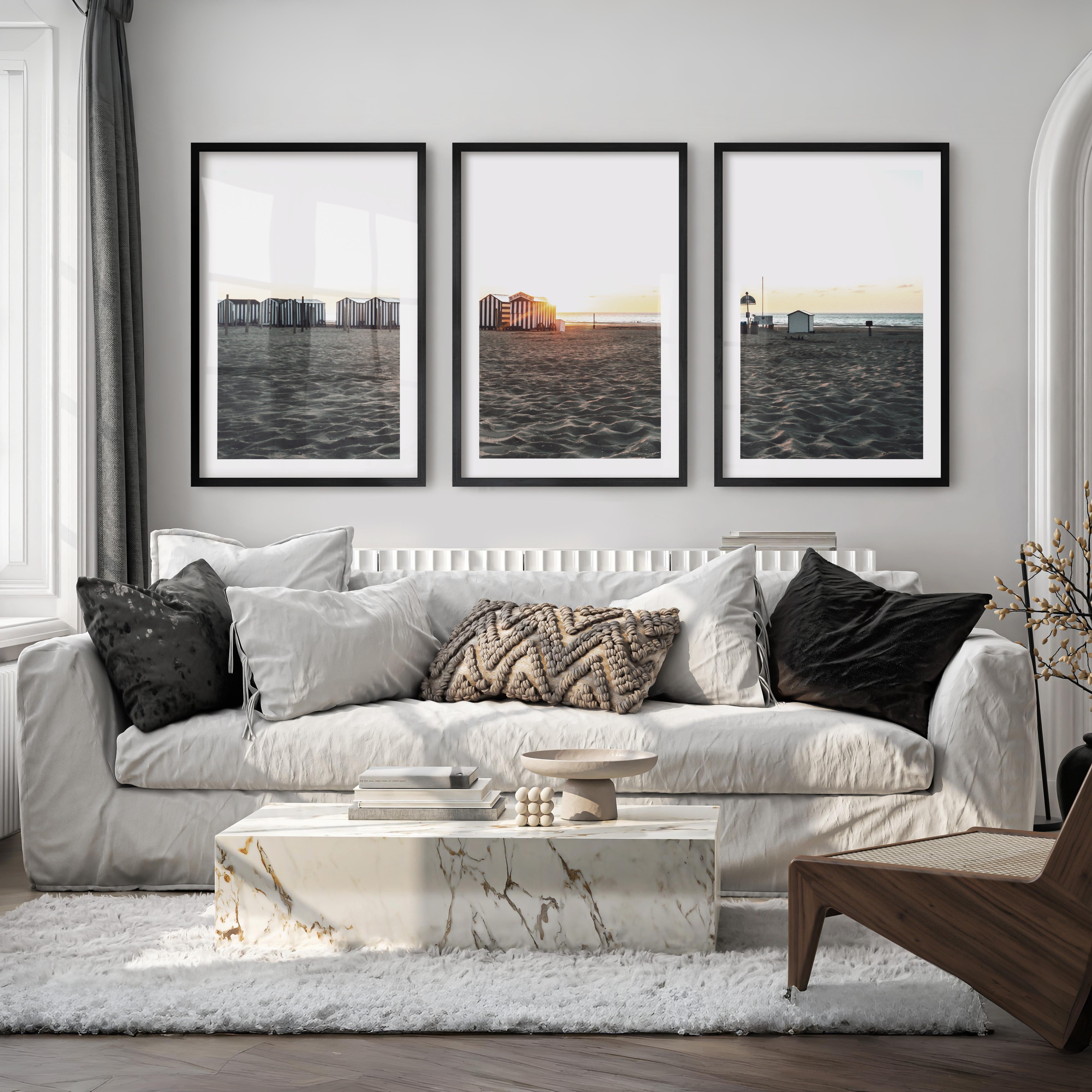 Sunset Cabanas beach art print - Black Framed Poster with White Border - Artworksets