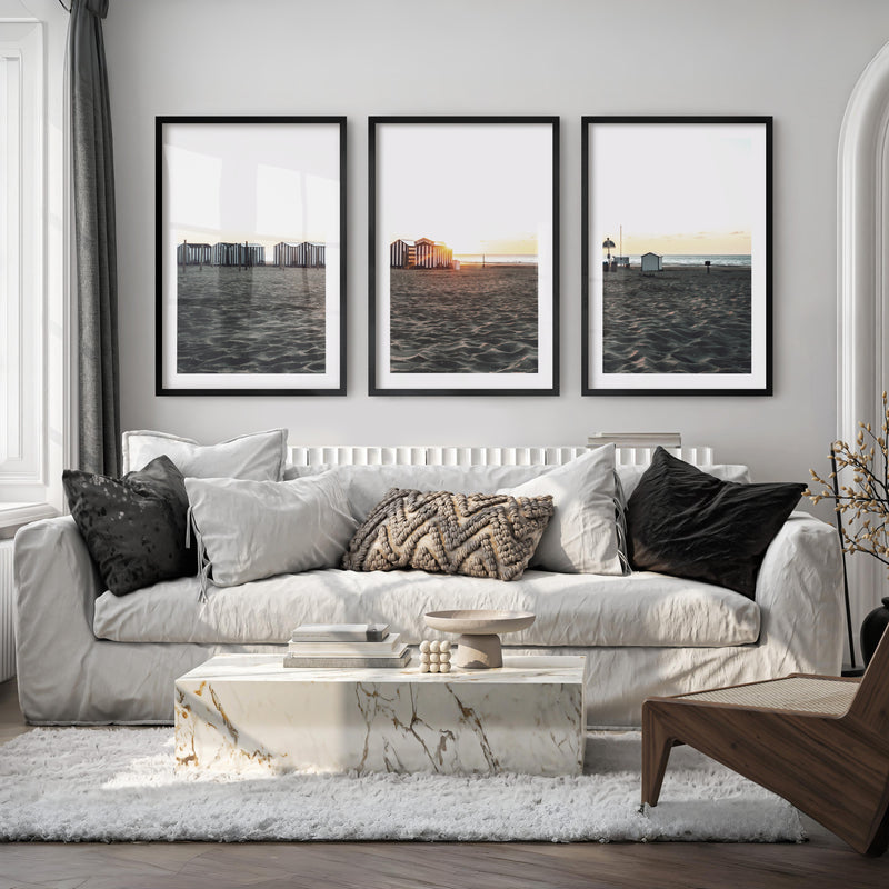 Sunset Cabanas beach art print - Black Framed Poster with White Border - Artworksets