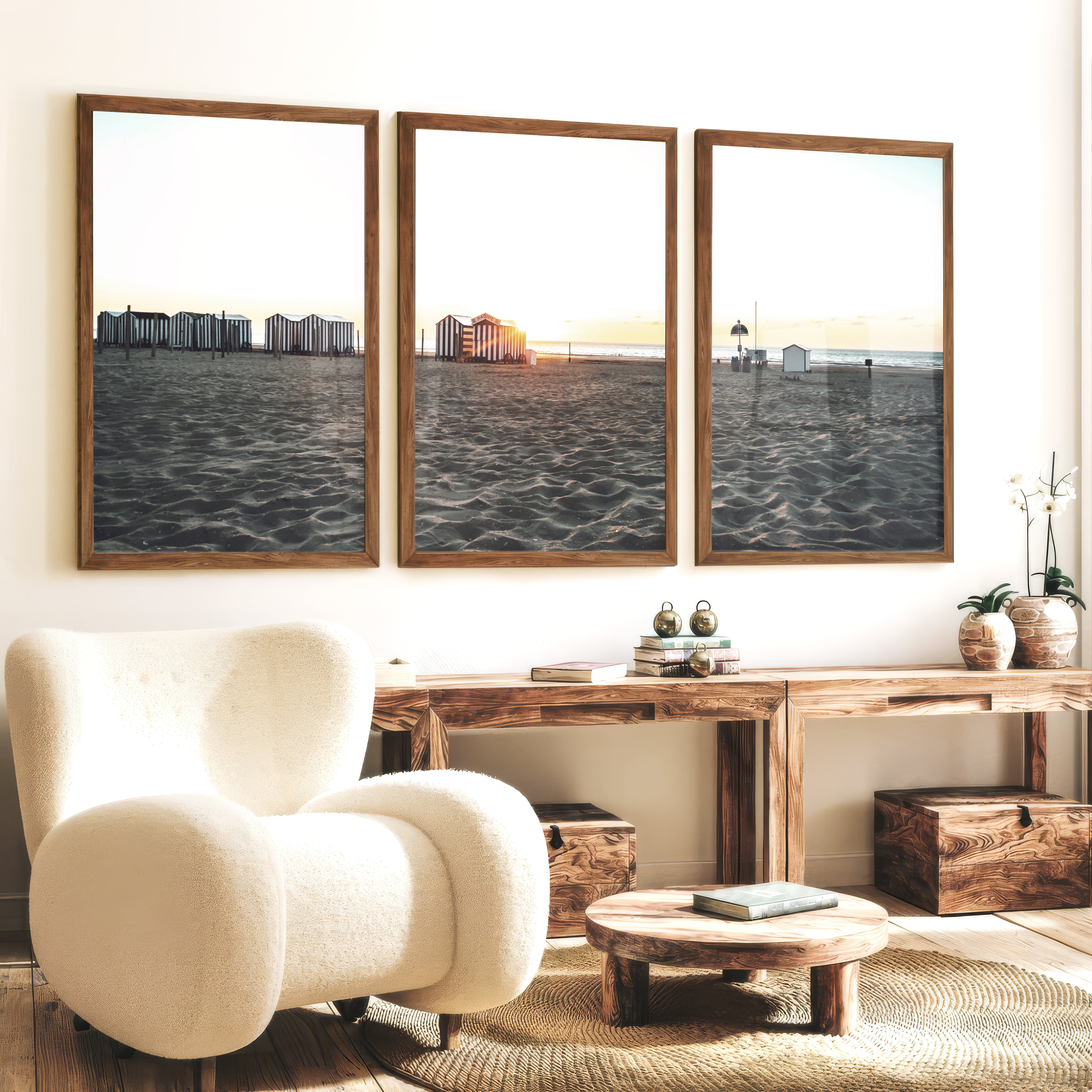 Sunset Cabanas beach art print - Dark Brown Framed Poster No Border - Artworksets