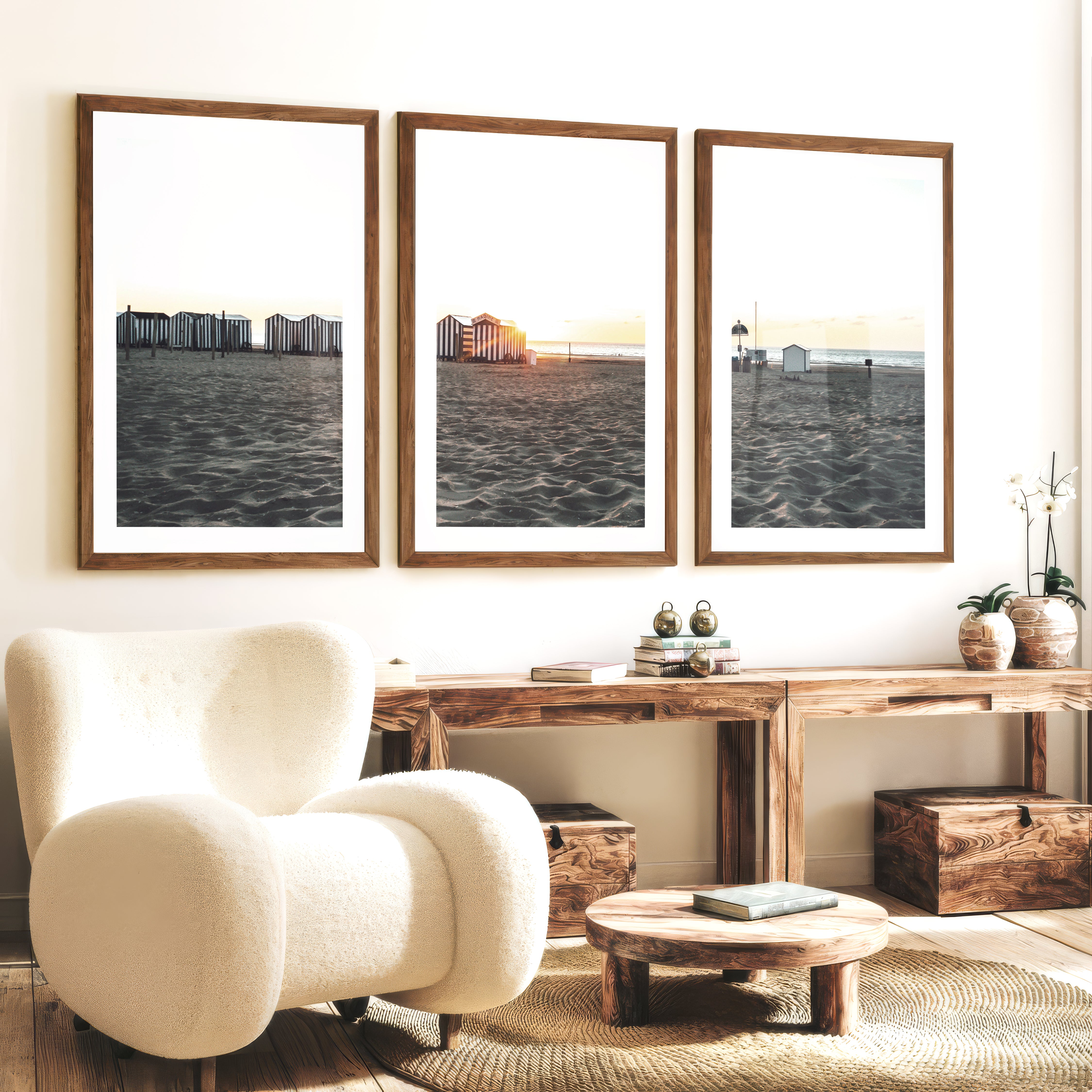 Sunset Cabanas beach art print - Dark Brown Framed Poster with White Border - Artworksets