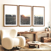 Sunset Cabanas beach art print - Dark Brown Framed Poster with White Border - Artworksets
