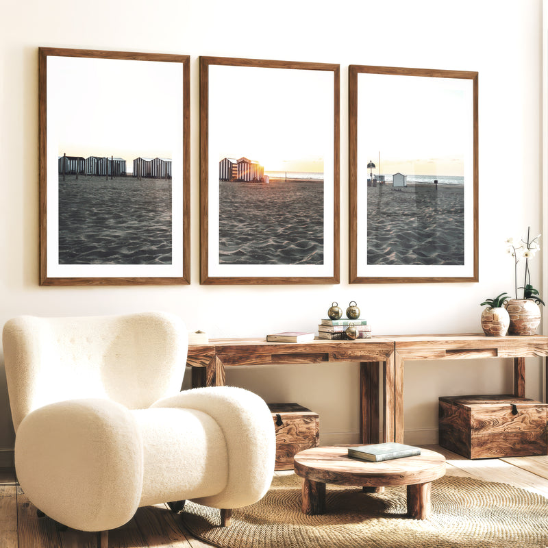Sunset Cabanas beach art print - Dark Brown Framed Poster with White Border - Artworksets