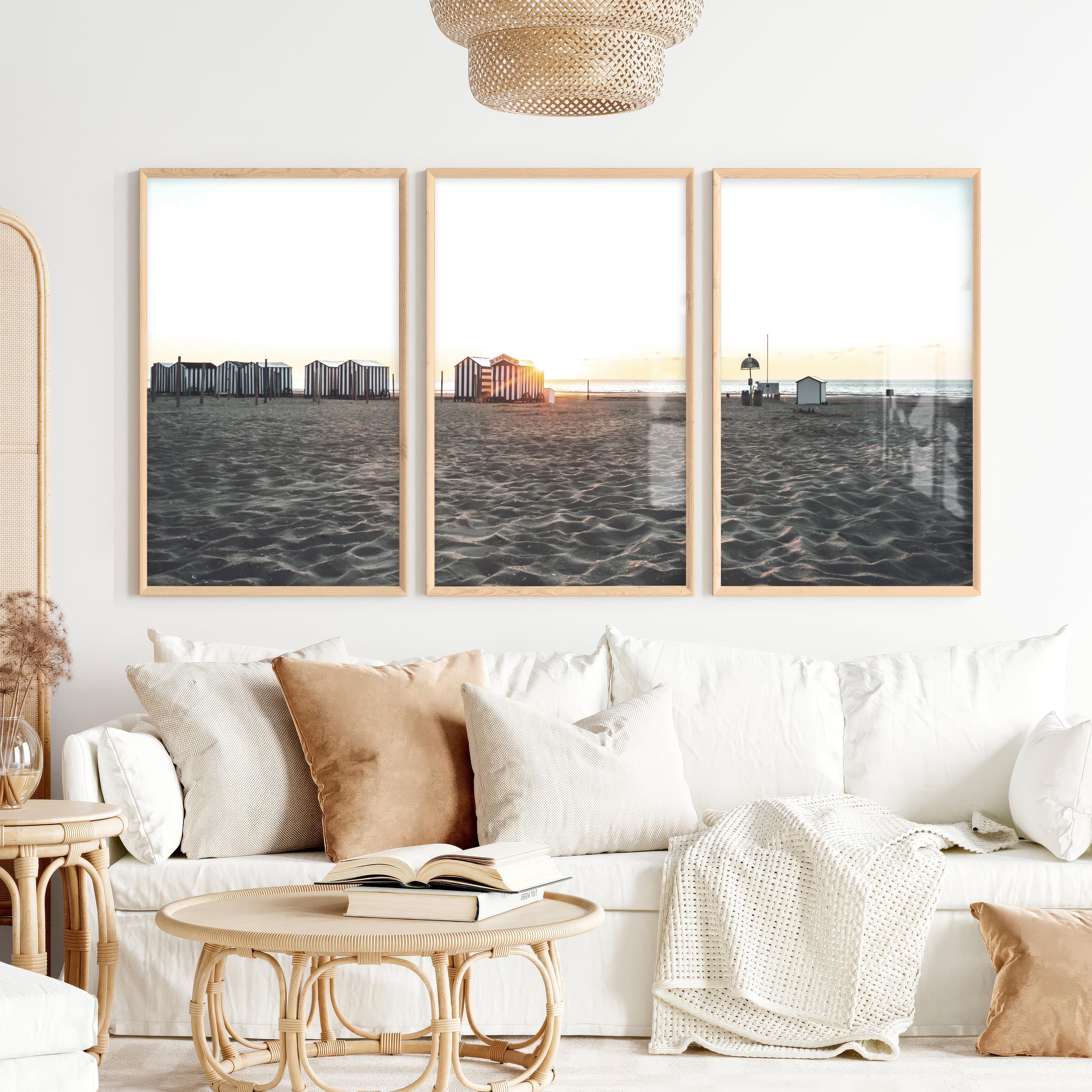 Sunset Cabanas beach art print - Natural Wood Framed Poster No Border - Artworksets
