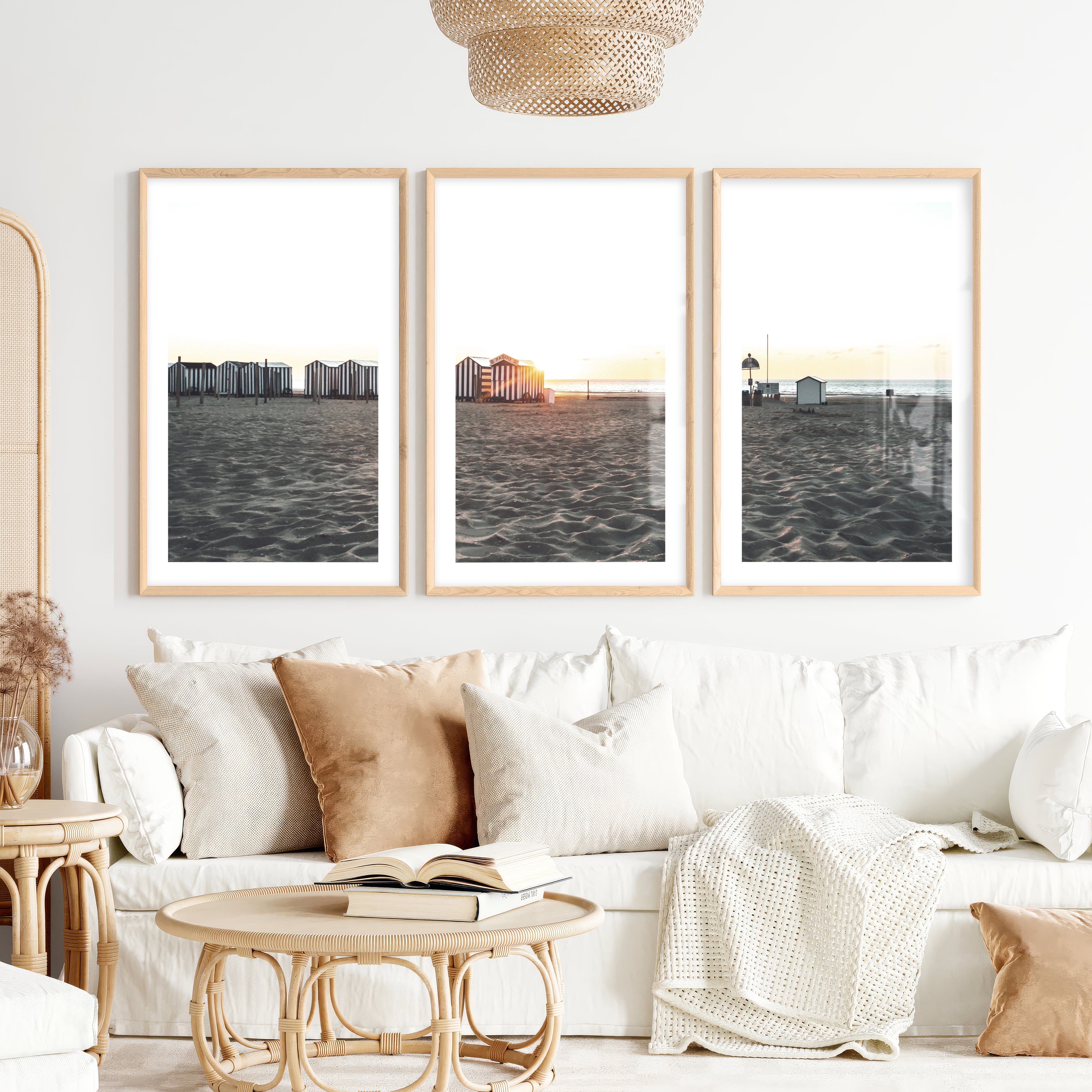 Sunset Cabanas beach art print- Natural Wood Framed Poster with White Border - Artworksets